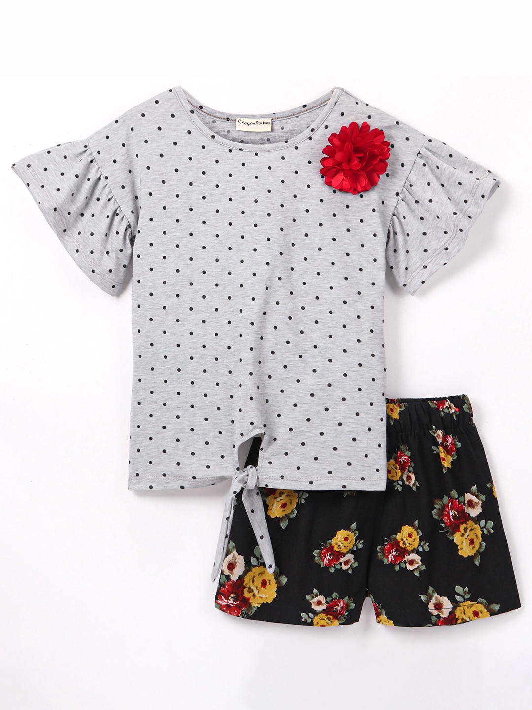 

CrayonFlakes Girls Printed Top with Shorts, Grey