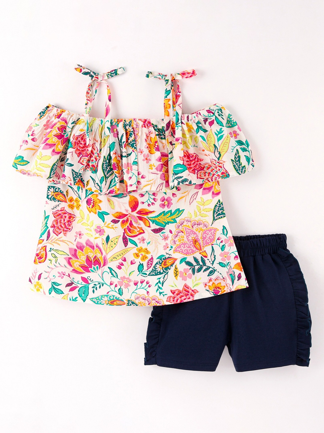 

CrayonFlakes Girls Printed Shoulder Straps Top with Shorts, Off white