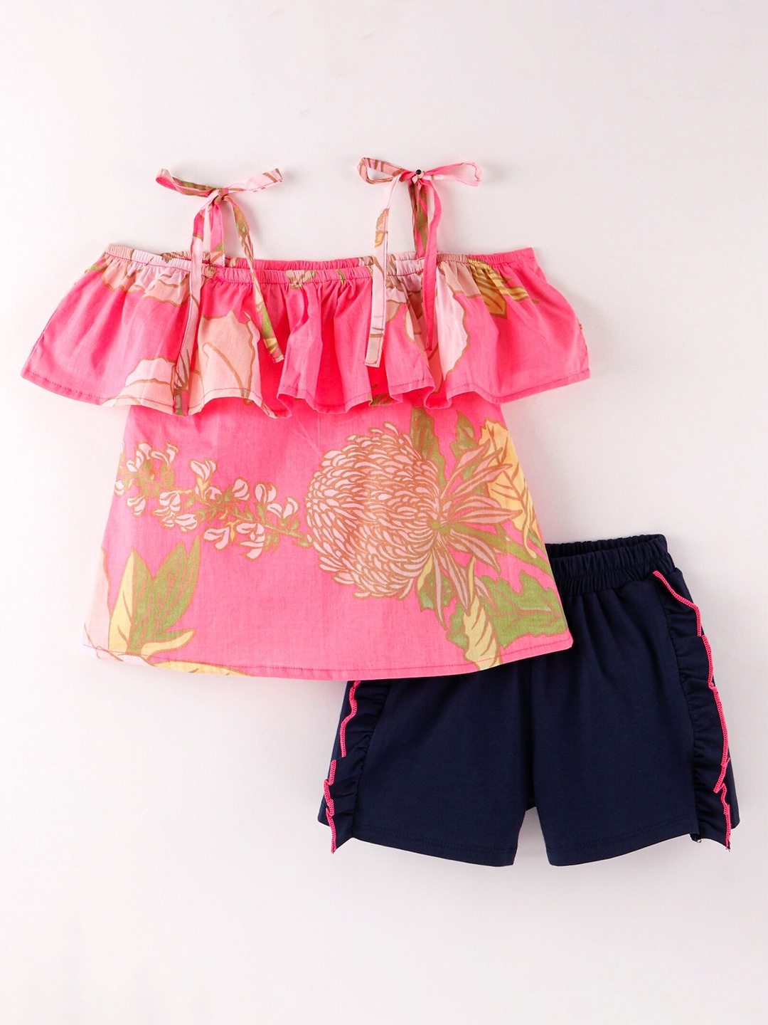 

CrayonFlakes Girls Printed Shoulder Straps Pure Cotton Top with Shorts, Pink