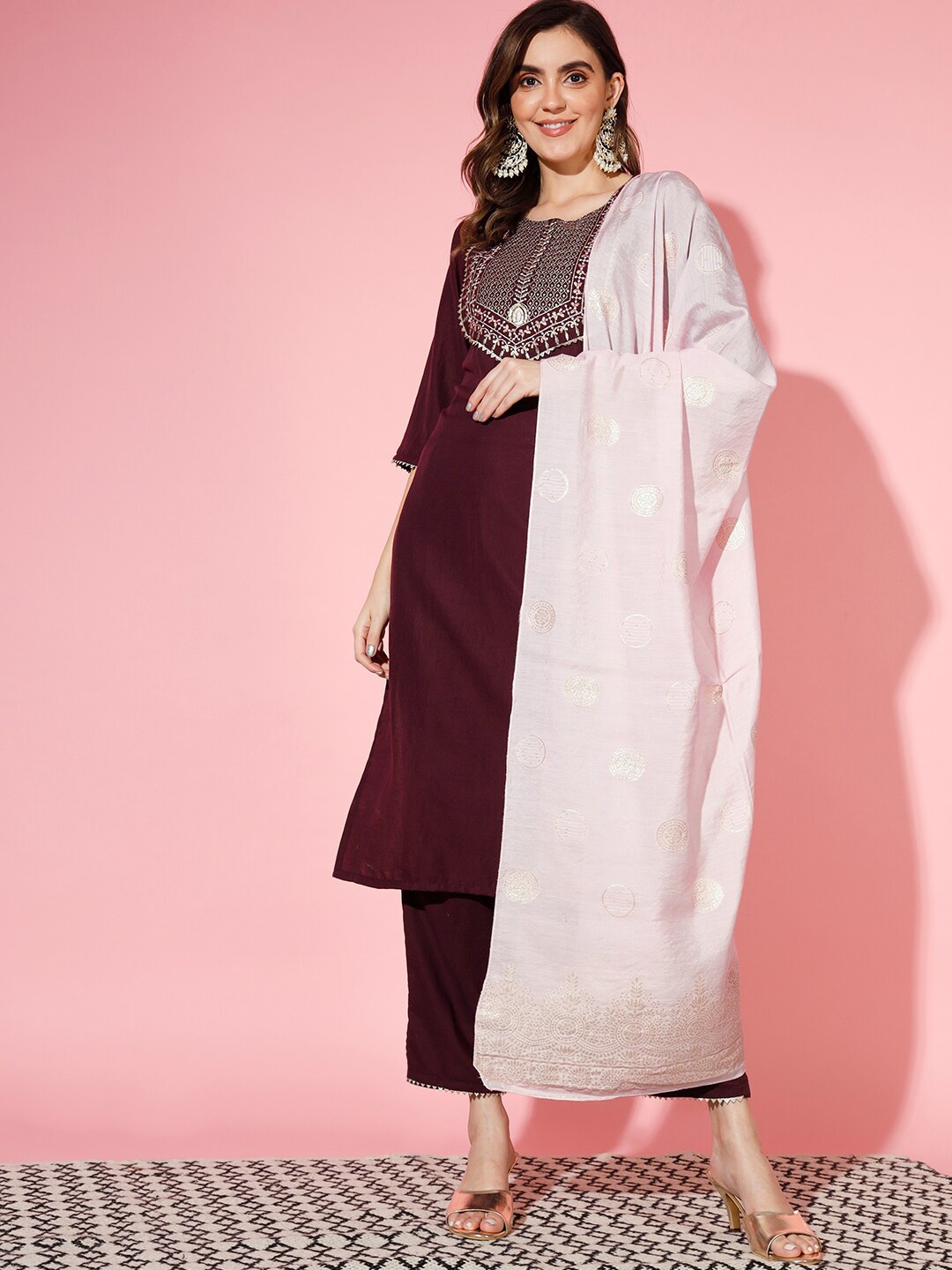 

KALINI Ethnic Motifs Embroidered Kurta with Trousers & With Dupatta, Purple