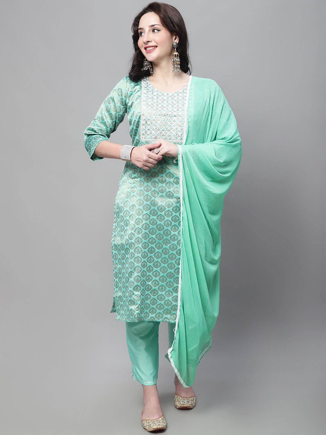 

KALINI Ethnic Motifs Embroidered Thread Work Kurta With Trousers & Dupatta, Green