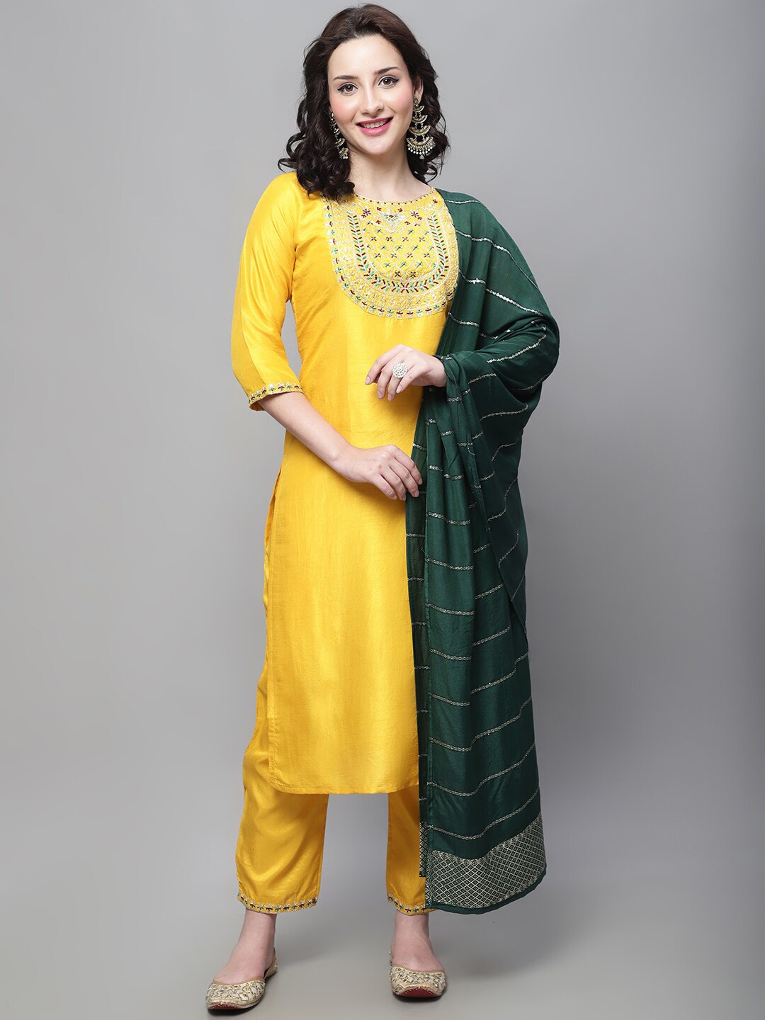 

KALINI Ethnic Motifs Embroidered Regular Kurta With Trousers & Dupatta, Yellow