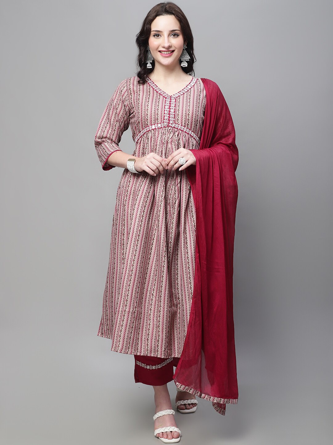 

KALINI Ethnic Motifs Embroidered Pure Cotton Kurta With Trousers & Dupatta, Red