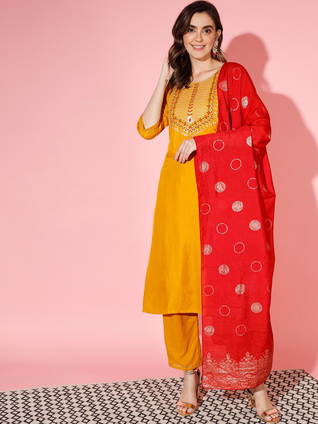 

KALINI Ethnic Motifs Embroidered Regular Kurta With Trousers & Dupatta, Yellow