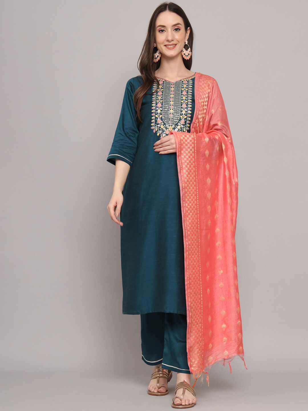 

KALINI Embroidered Kurta with Trousers & Dupatta, Teal