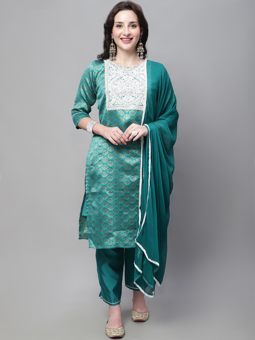 

KALINI Woven Design Embroidered Kurta with Trousers & Dupatta, Green
