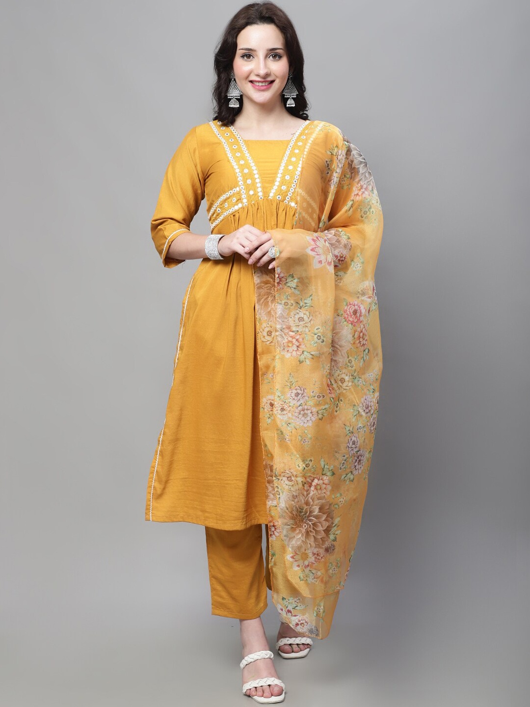 

KALINI Mirror Work Kurta With Trousers & With Dupatta, Yellow
