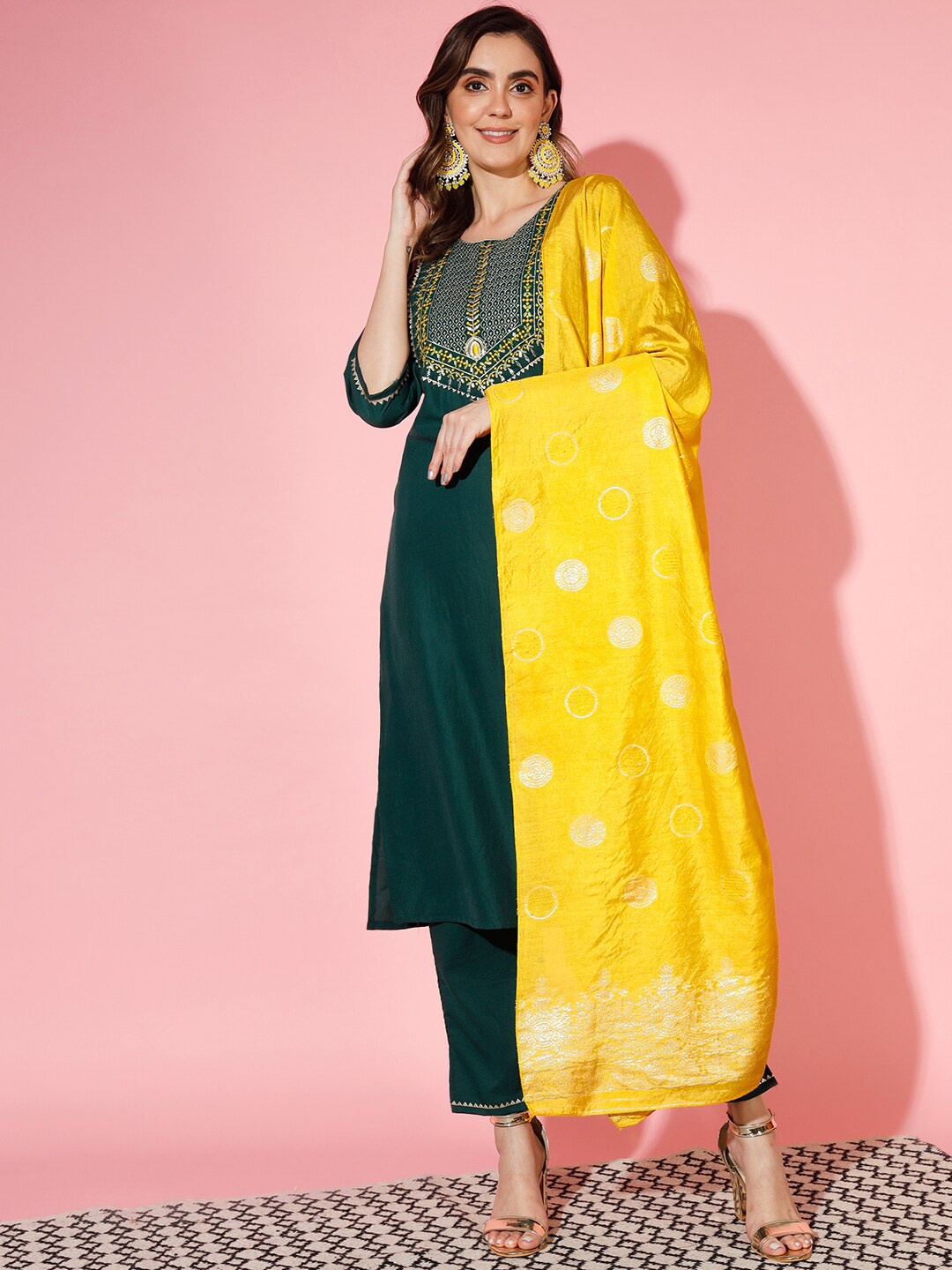 

KALINI Ethnic Motifs Embroidered Kurta With Trousers & With Dupatta, Green