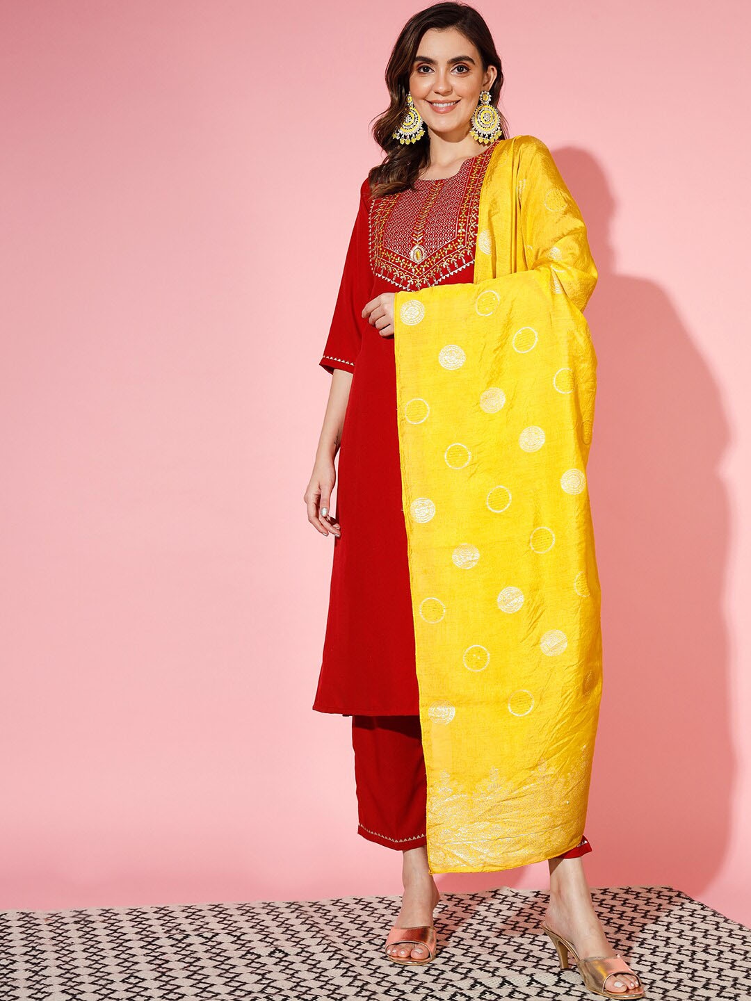 

KALINI Floral Embroidered Kurta with Trousers & With Dupatta, Red