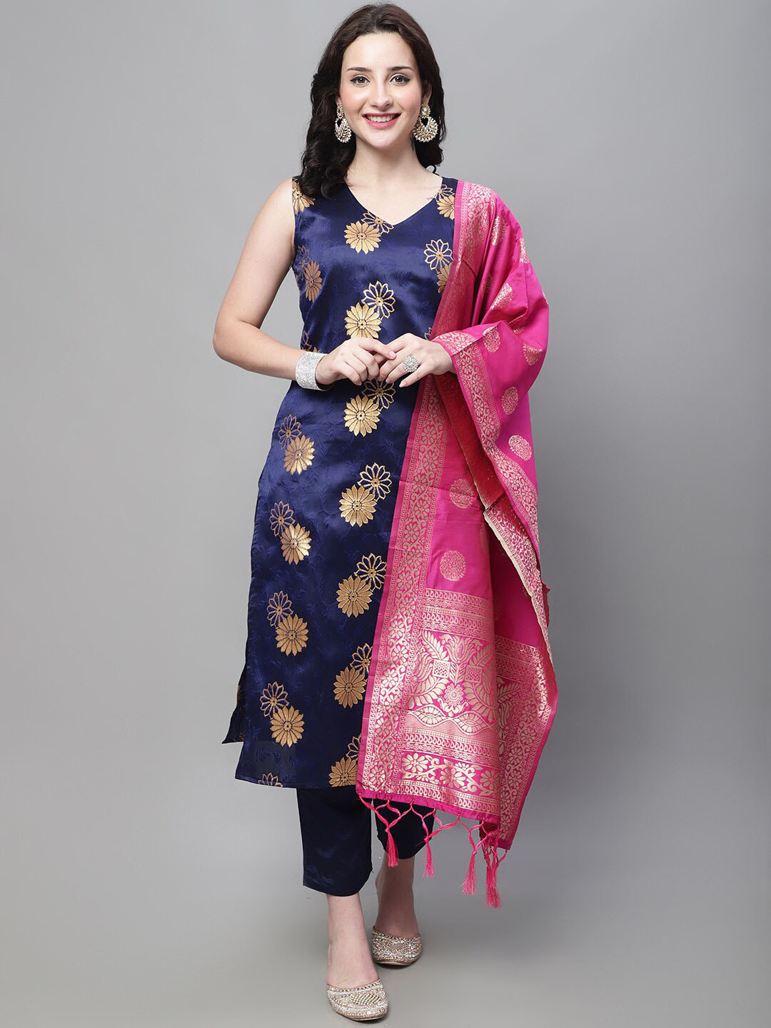

KALINI Floral Printed V-Neck Kurta with Trousers & With Dupatta, Blue