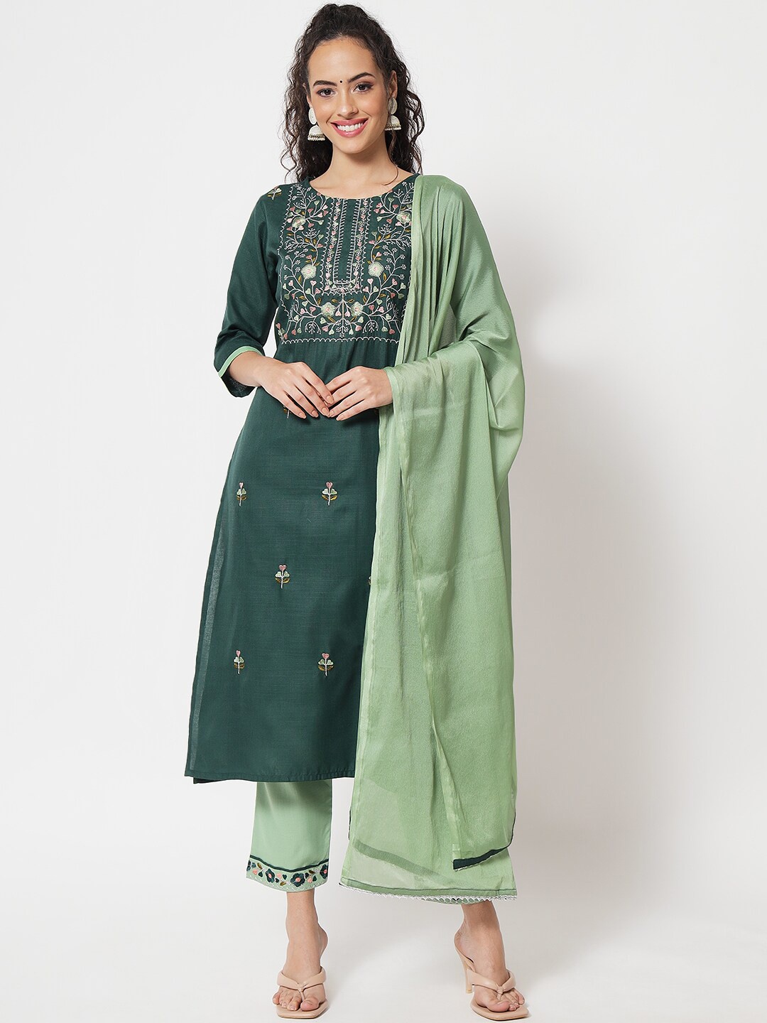 

KALINI Ethnic Motifs Embroidered Regular Kurta With Trousers & Dupatta, Green