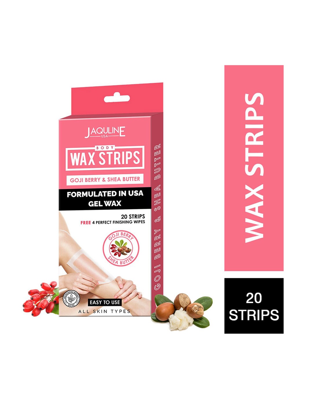 

Jaquline USA Body Gel Wax Strips with Goji Berry & Shea Butter - 20 Strips with 4 Wipes, Pink