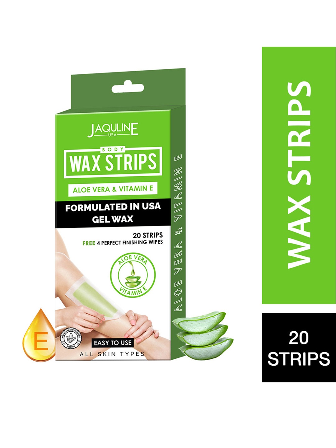 

Jaquline USA Body Gel Wax Strips with Aloe Vera & Vitamin E - 20 Strips with 4 Wipes, Green