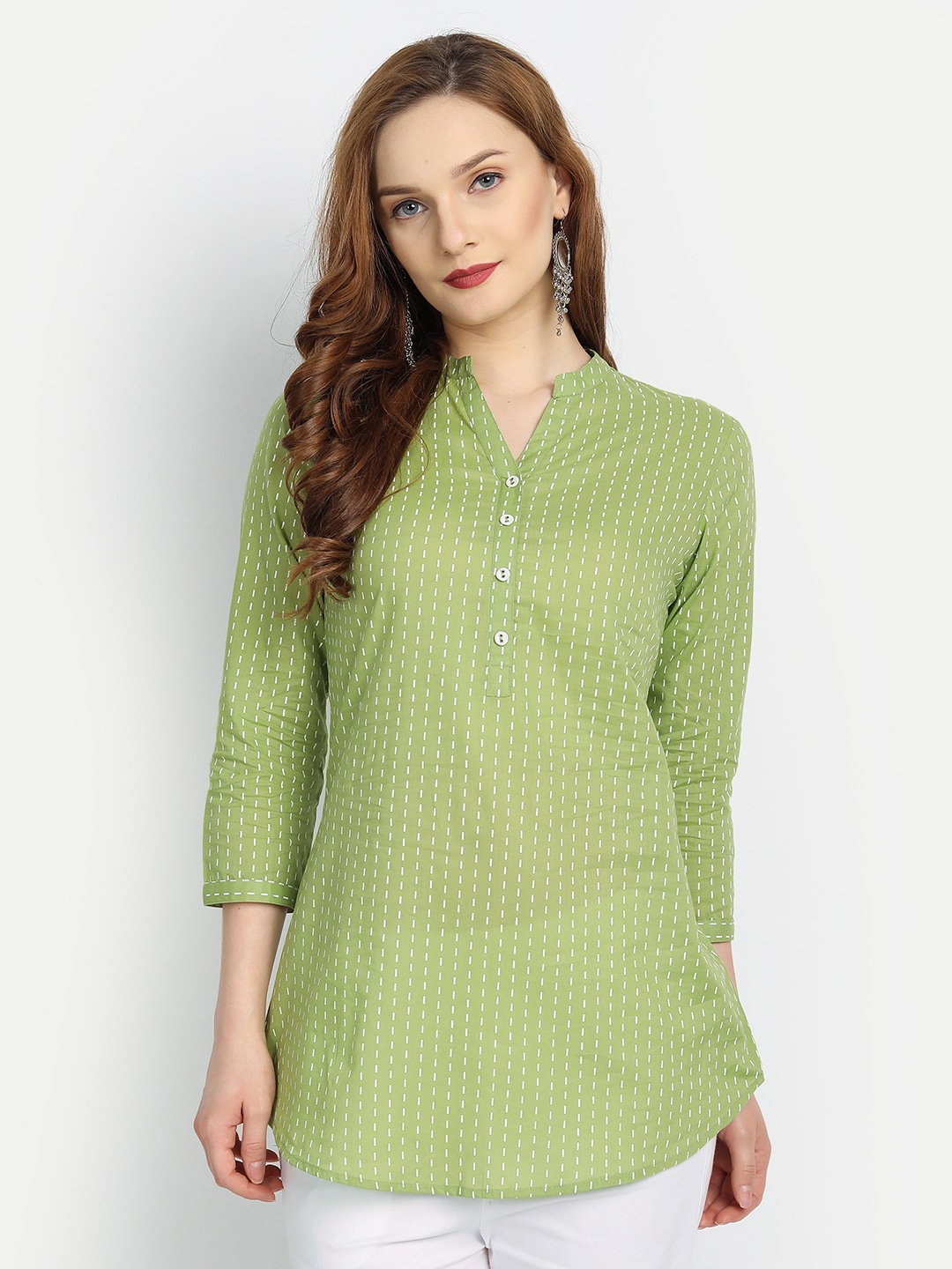 

SUTI Geometric Printed Mandarin Collar Ethnic Pure Cotton Shirt Style Top, Green