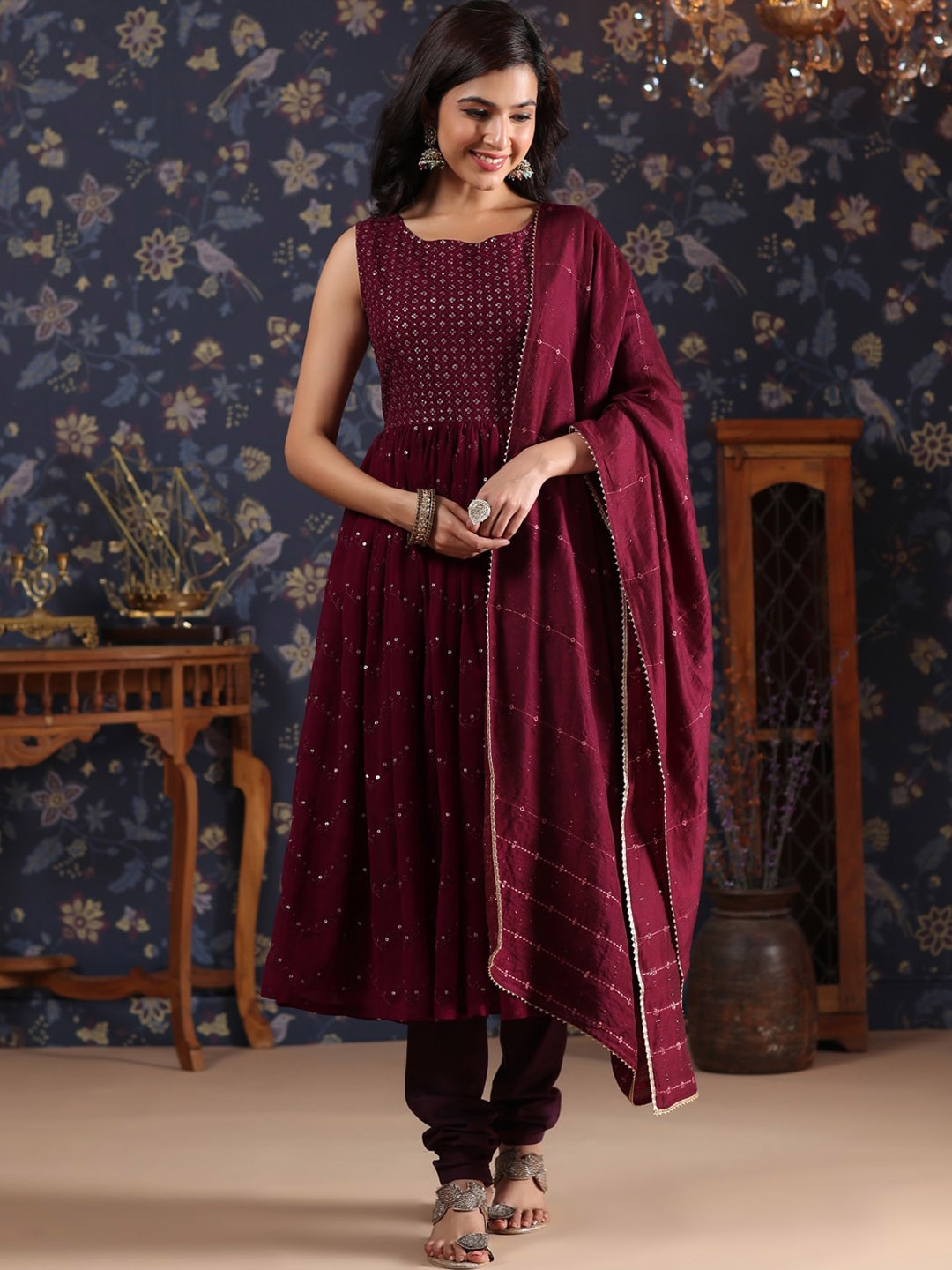 

House of Pataudi Embroidered Sequin Anarkali Kurta With Churidar & Dupatta, Purple