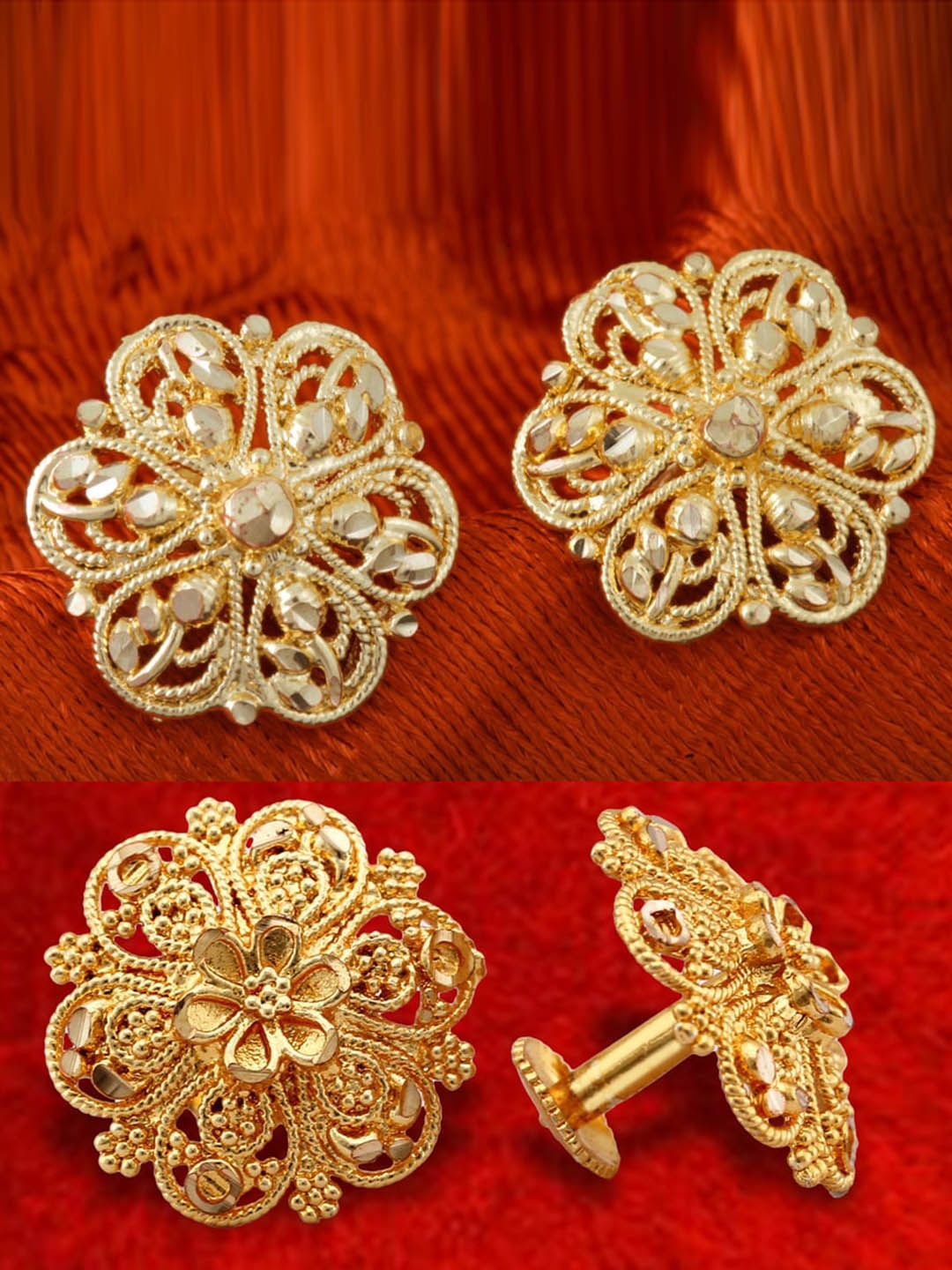 

MEENAZ Set Of 2 Gold-Plated Cubic Zirconia Dome Shaped Studs Earrings