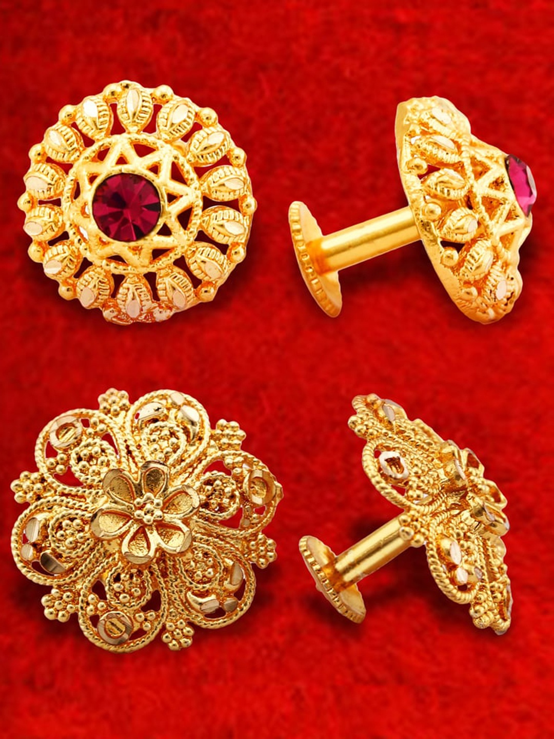 

MEENAZ Set Of 2 Gold-Plated Floral Shaped Studs Earrings