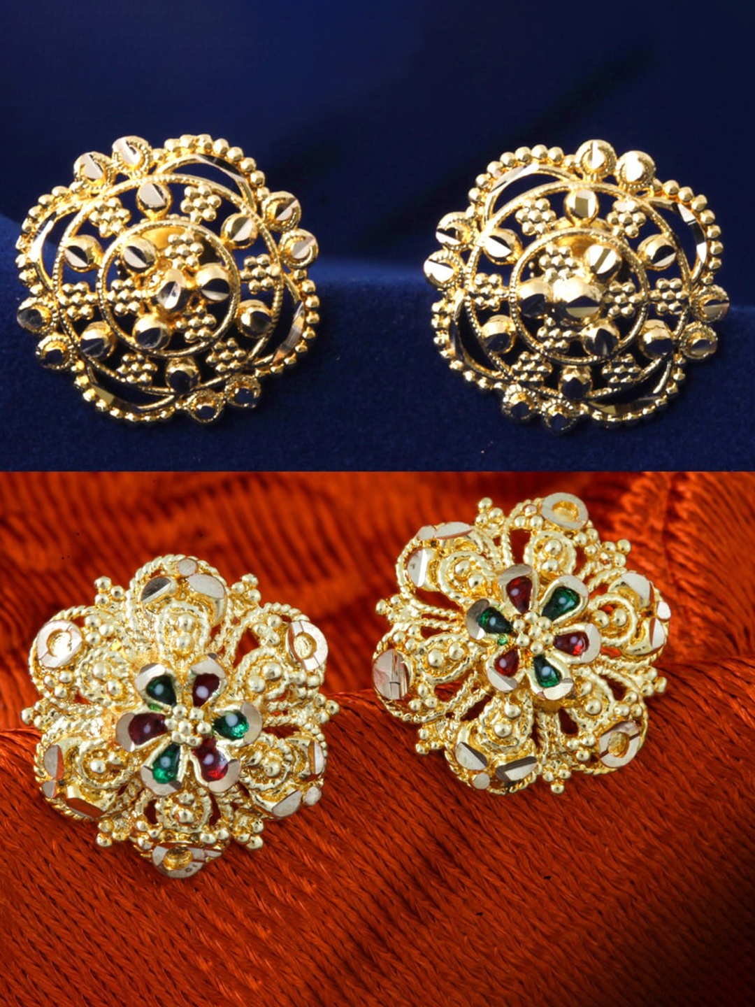 

MEENAZ Set Of 2 Gold-Plated Floral Shaped Studs Earrings