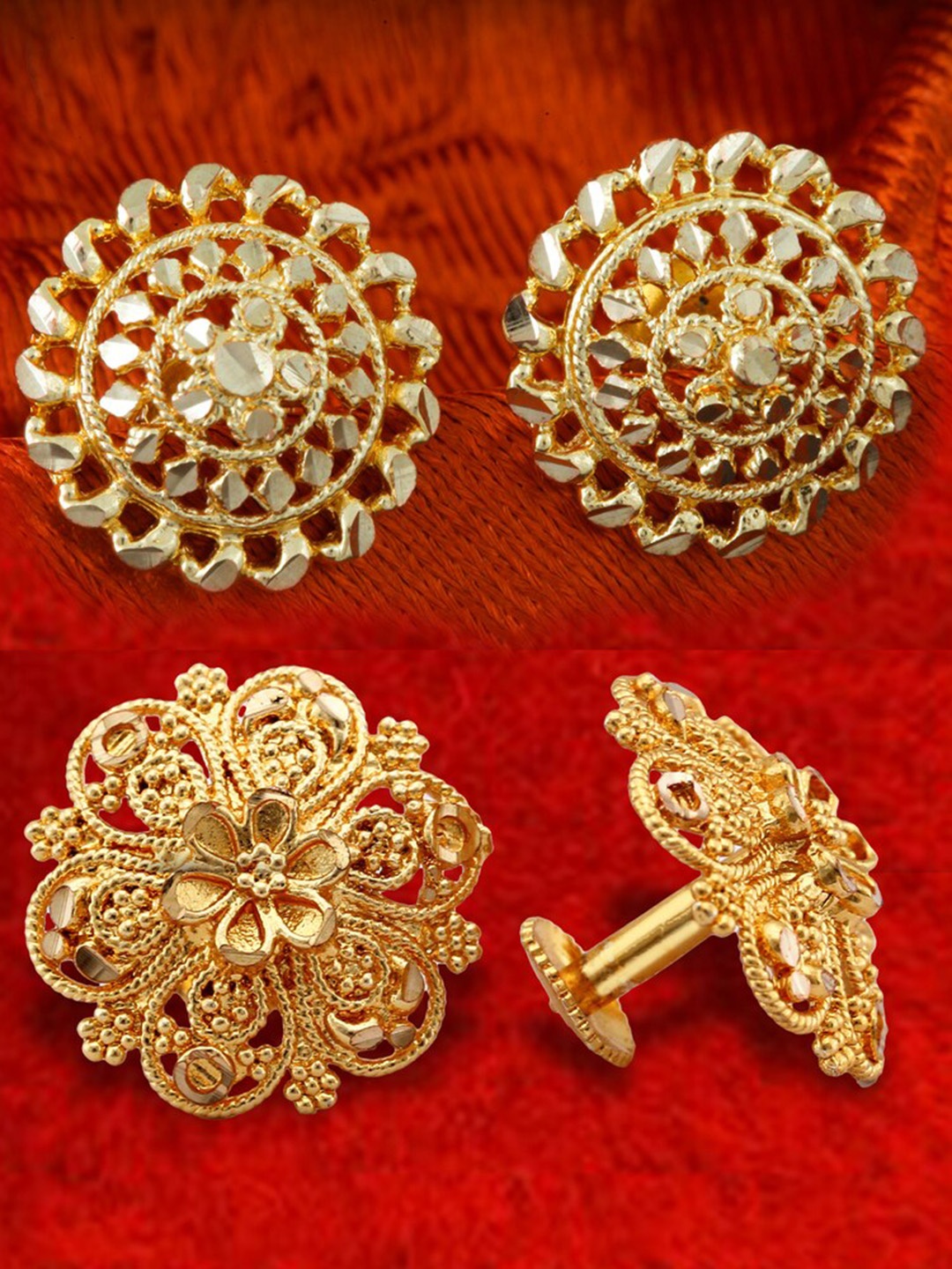 

MEENAZ Set of 2 Gold-Plated Cubic Zirconia Dome Shaped Studs Earrings