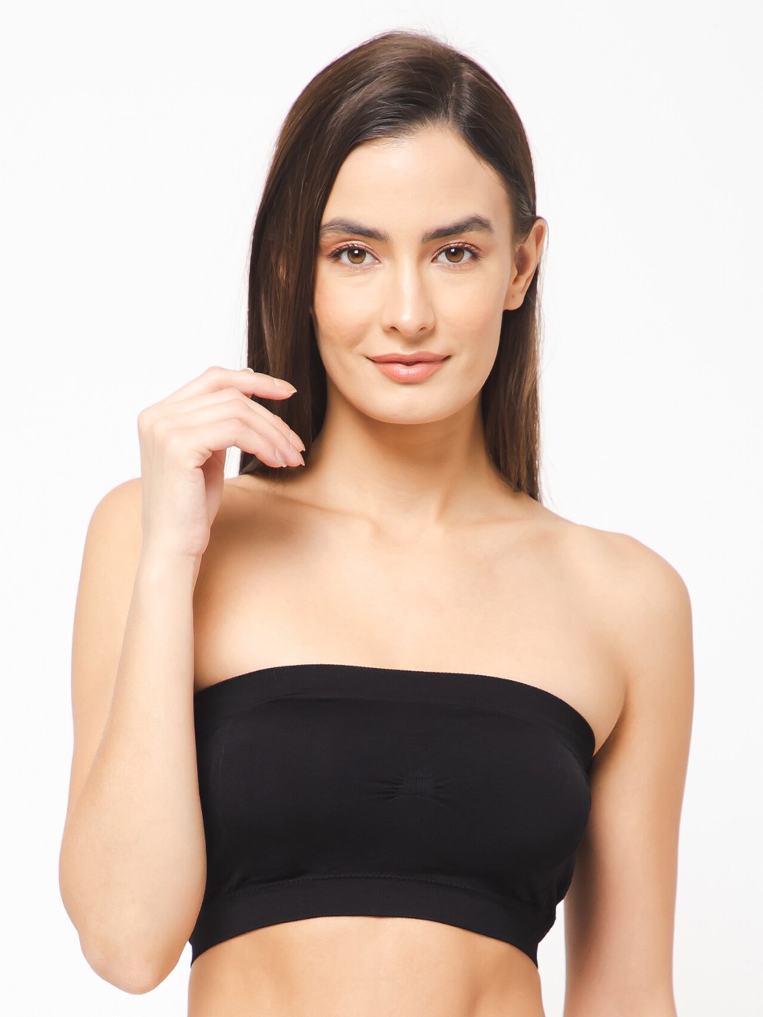 

INFINIUM Full Coverage Lightly Padded Slip On Seamless Dry Fit All Day Comfort Bandeau Bra, Black