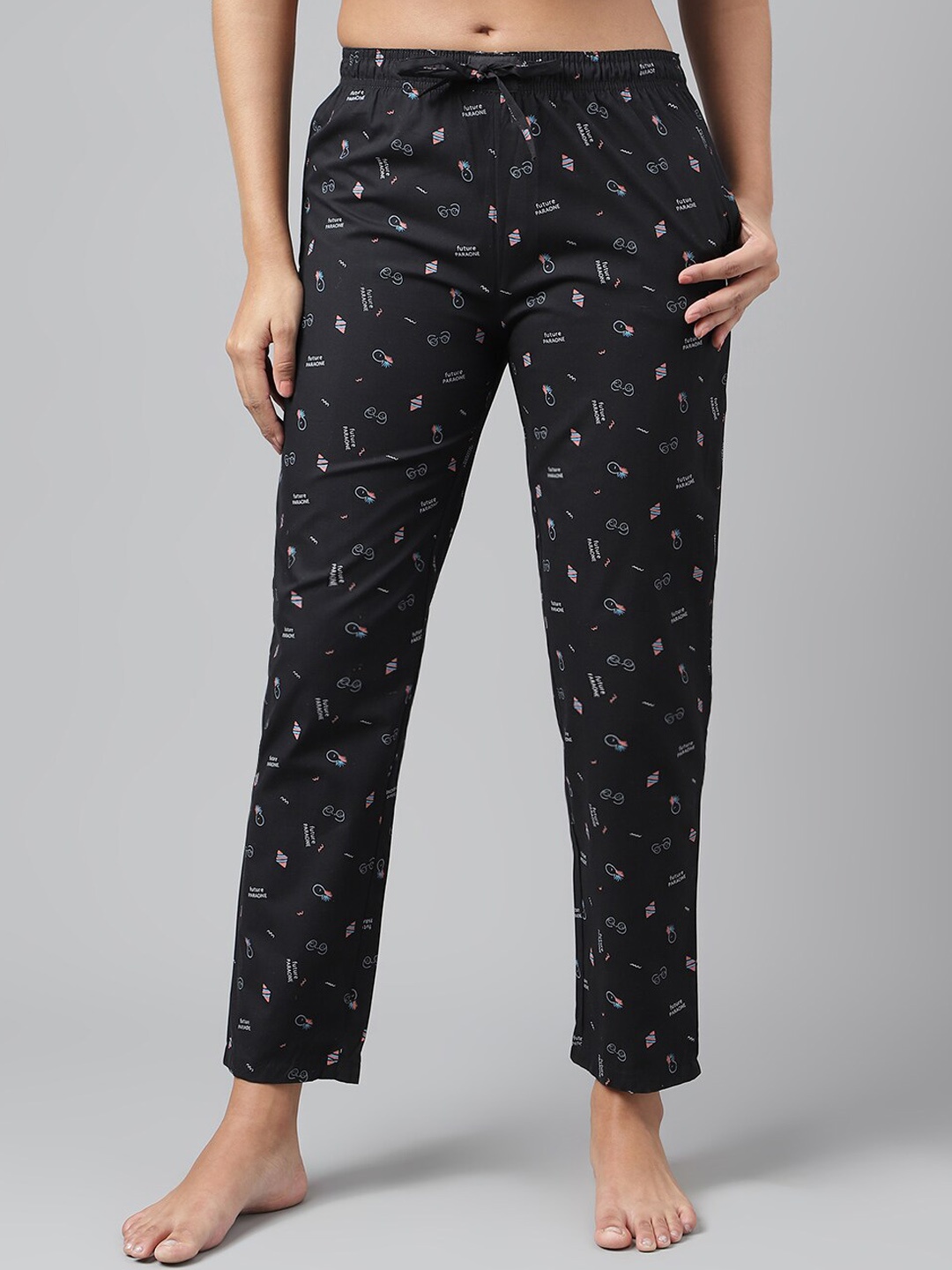 

FLAMBOYANT Women Printed Mid-Rise Cotton Lounge Pants, Black