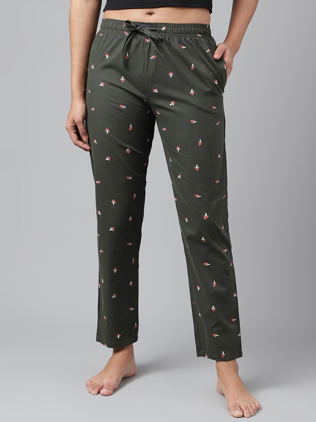 

FLAMBOYANT Women Printed Mid-Rise Cotton Lounge Pants, Olive