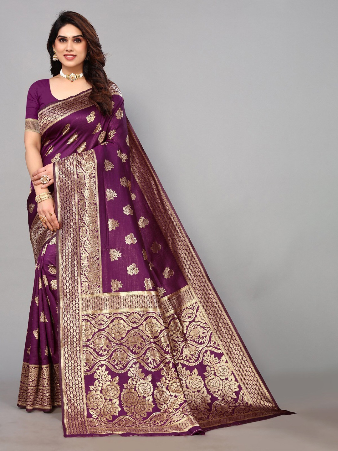 

DIVASTRI Floral Woven Design Zari Banarasi Saree, Purple