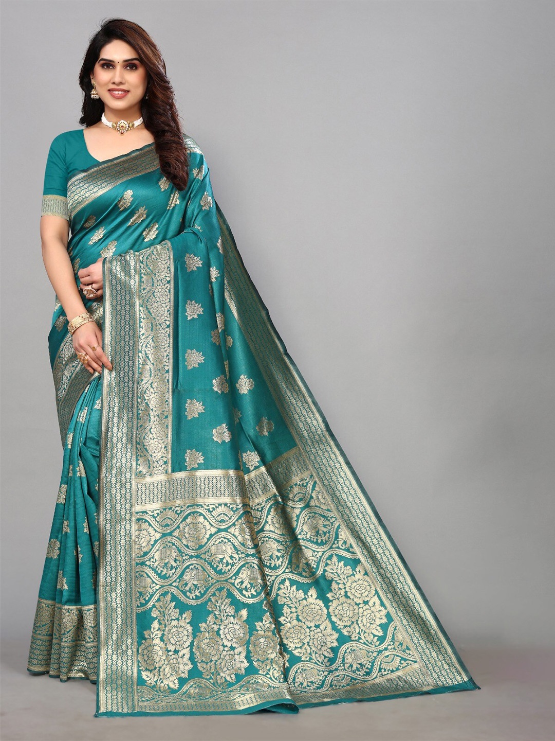 

DIVASTRI Floral Woven Design Zari Banarasi Saree, Sea green