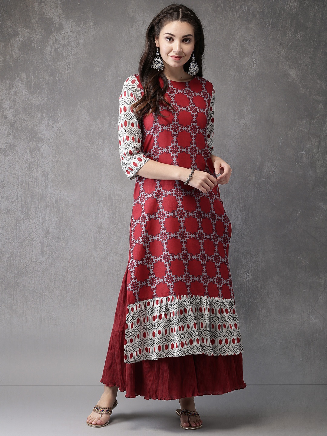 

Anouk Women Maroon & Grey Printed Straight Kurta