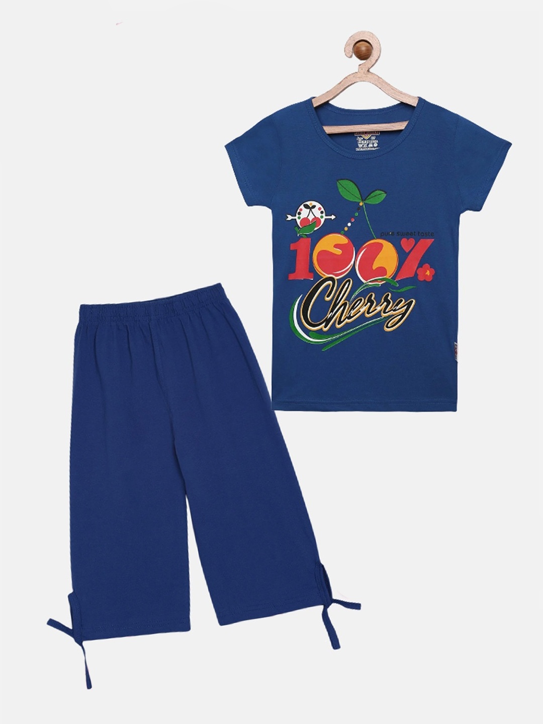 

SINI MINI Girls Typography Printed Pure Cotton Night Suit, Blue