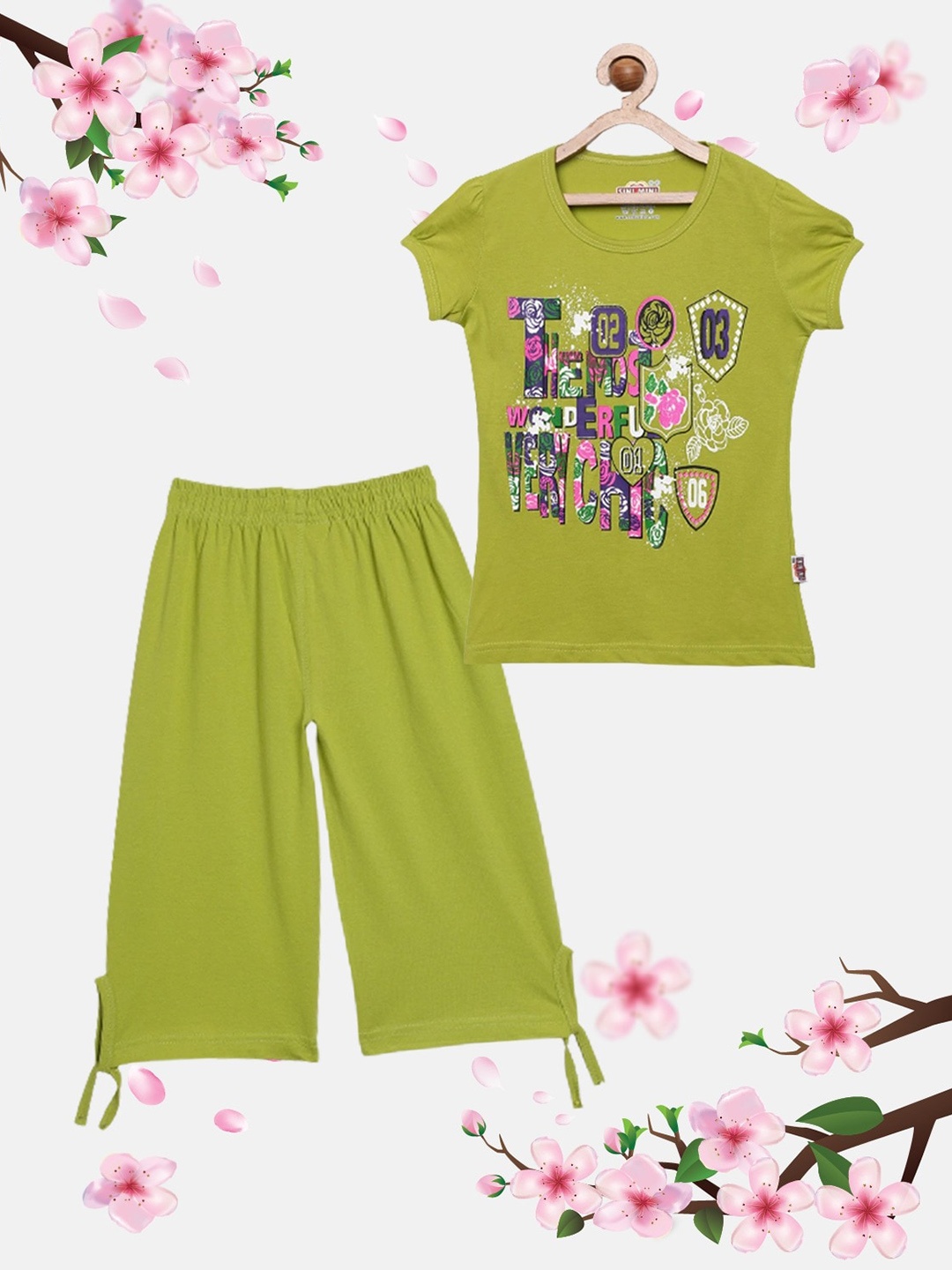 

SINI MINI Girls Graphic Printed Pure Cotton Night Suit, Lime green