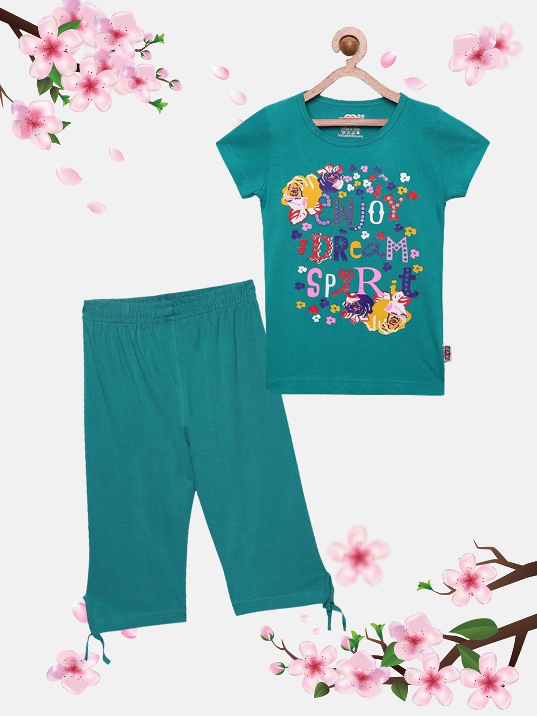 

SINI MINI Girls Typography Printed Pure Cotton Night Suit, Teal