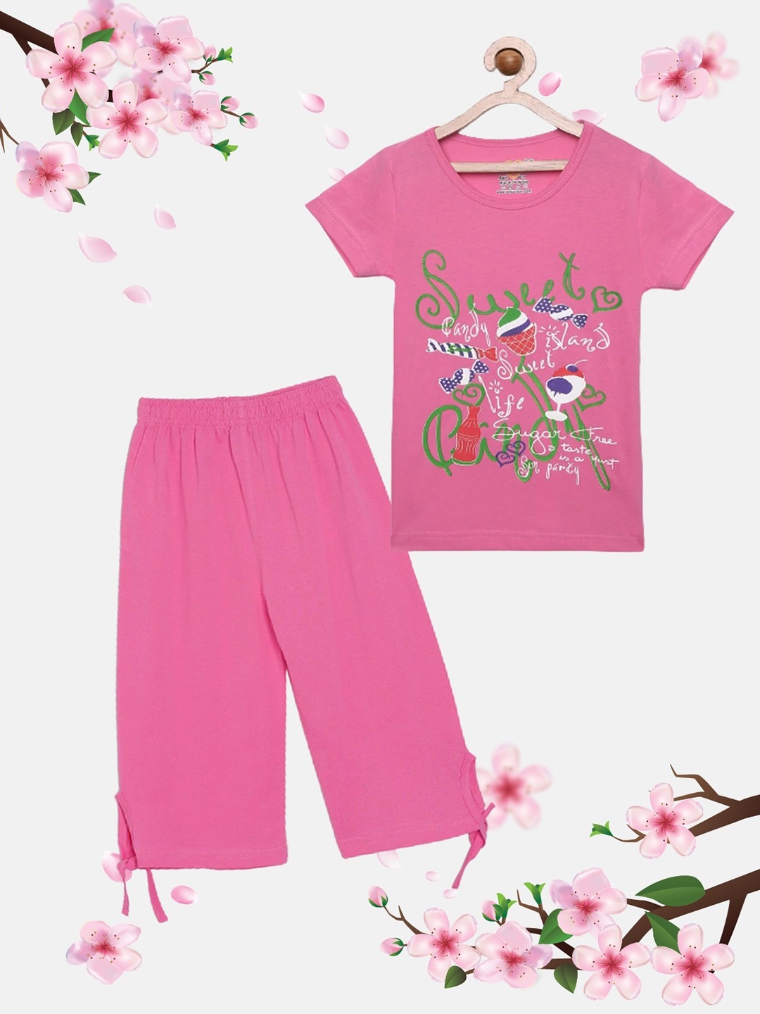 

SINI MINI Girls Printed Pure Cotton T-Shirt with Capris, Pink