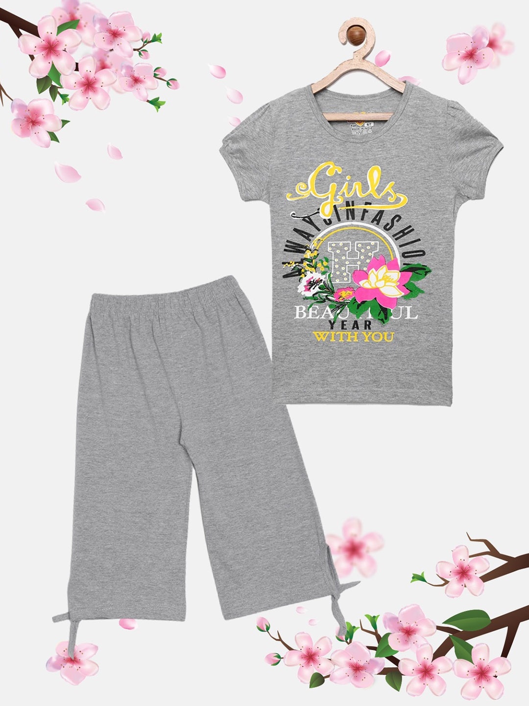 

SINI MINI Girls Printed Pure Cotton T-Shirt with Capris, Grey melange