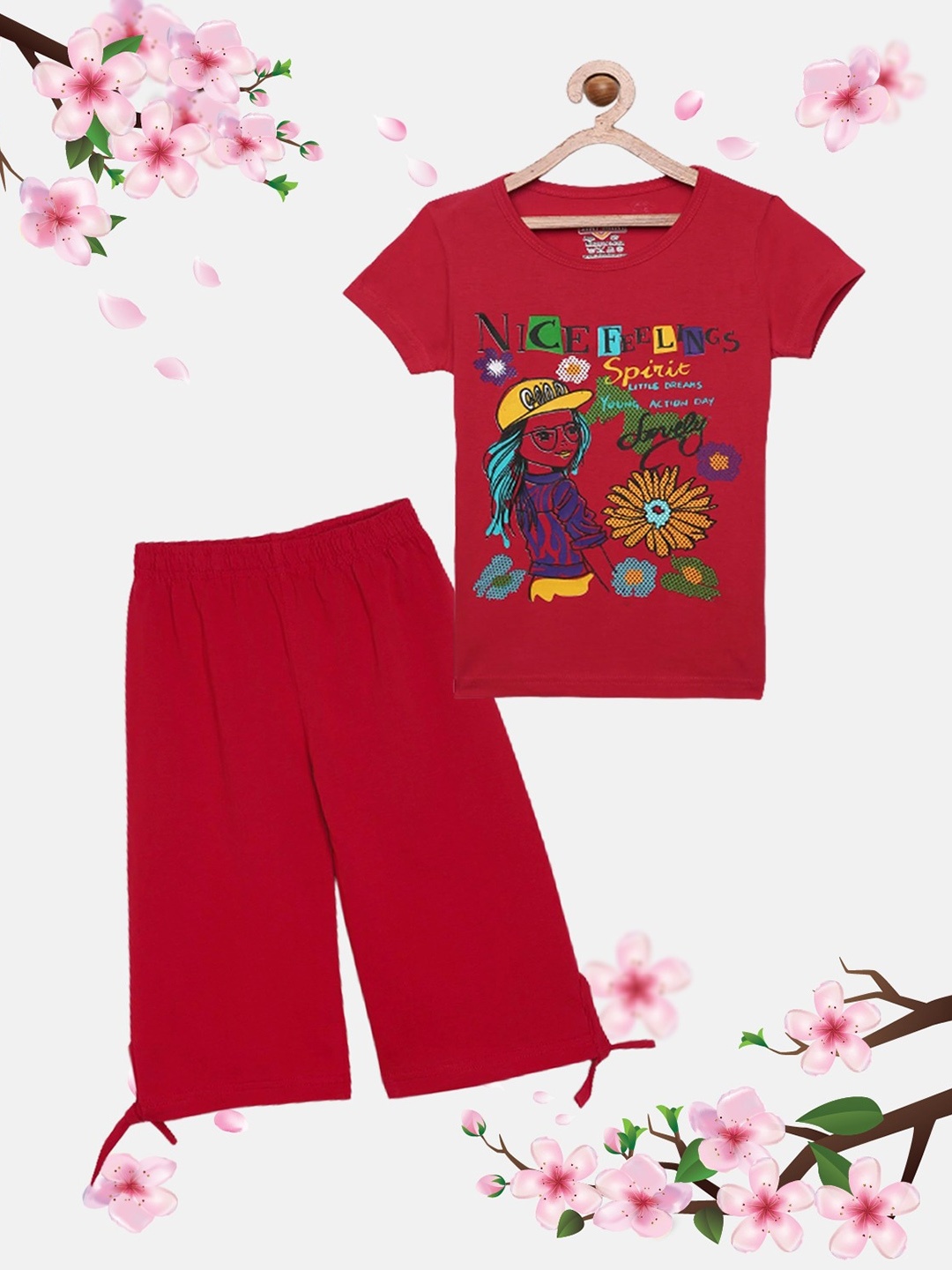 

SINI MINI Girls Printed Pure Cotton T-Shirt with Capris, Red
