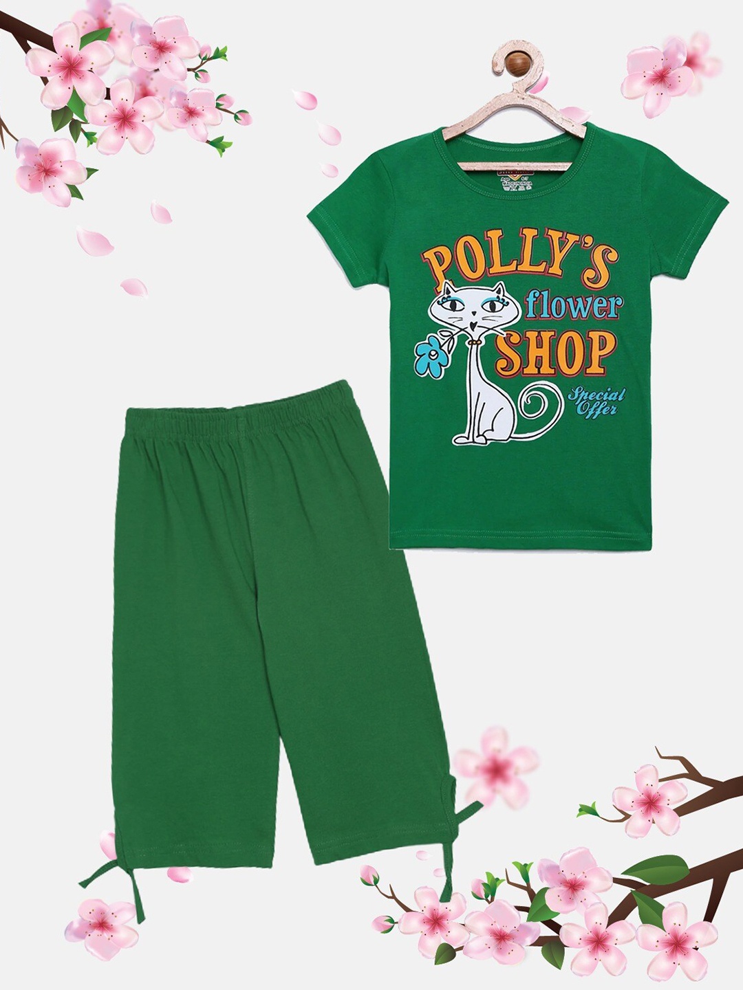 

SINI MINI Girls Printed Pure Cotton T-Shirt with Capris, Green