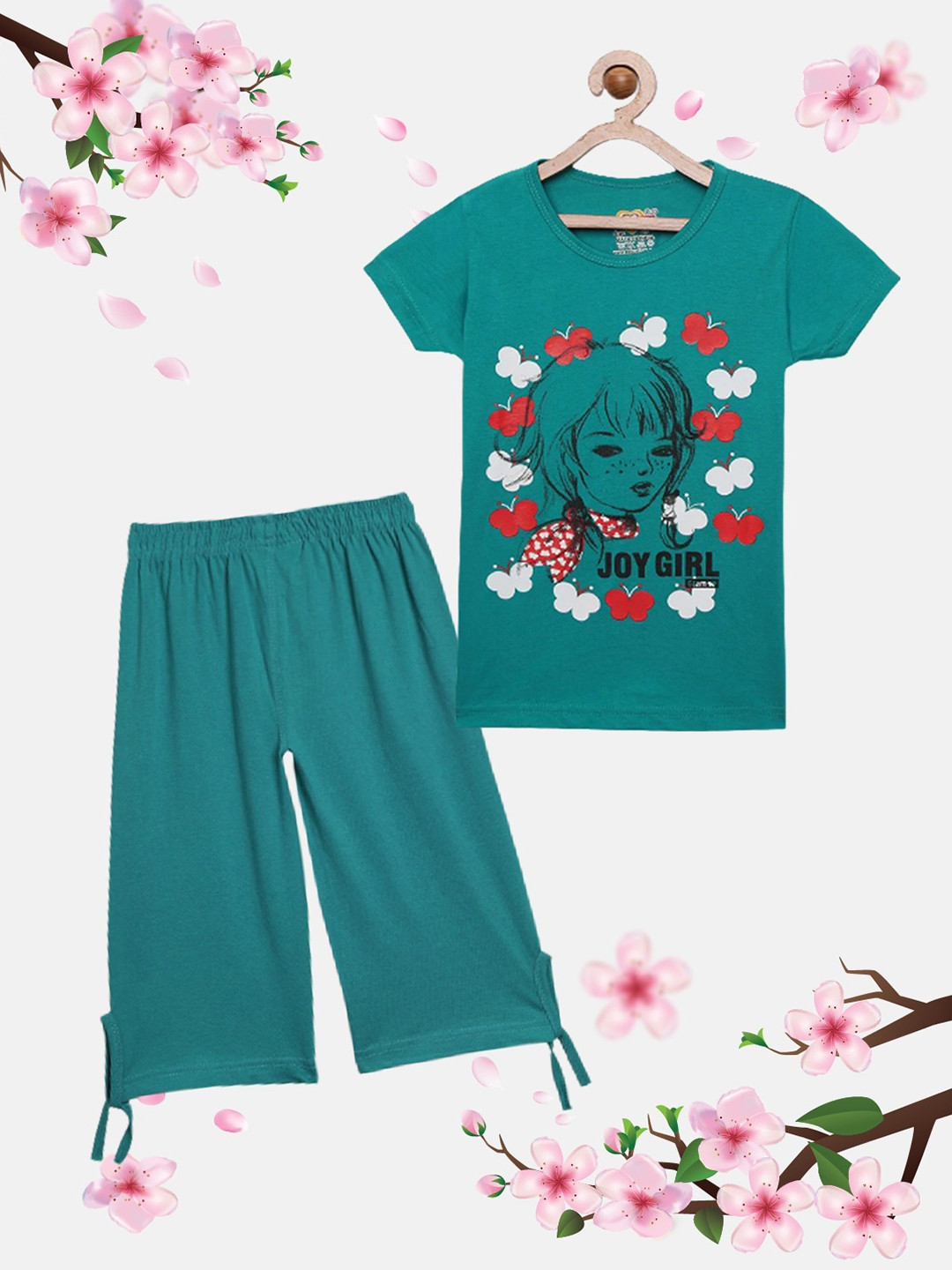 

SINI MINI Girls Printed Pure Cotton T-Shirt with Capris, Turquoise blue