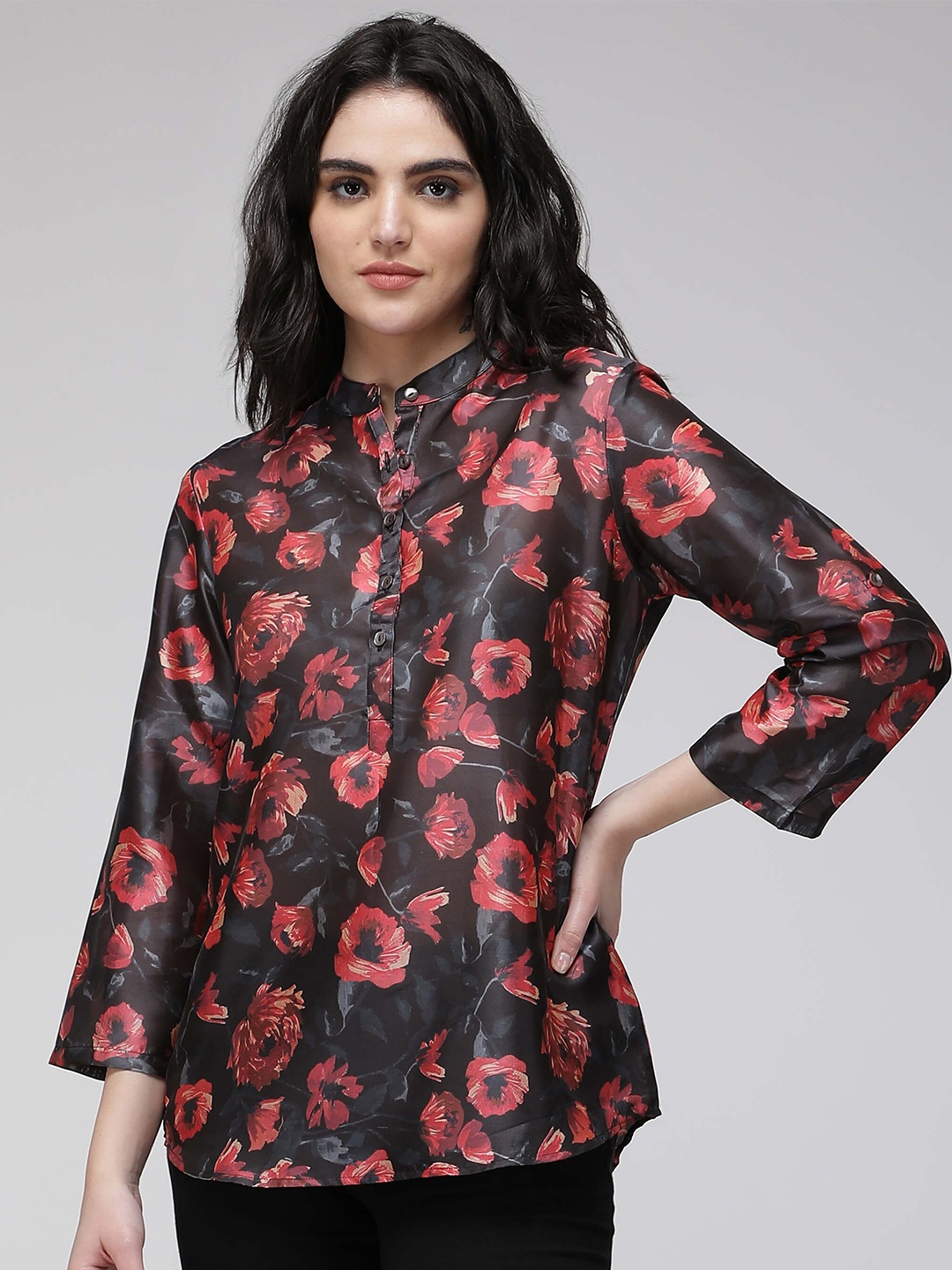 

IDK Floral Printed Mandarin Collar Shirt Style Top, Black