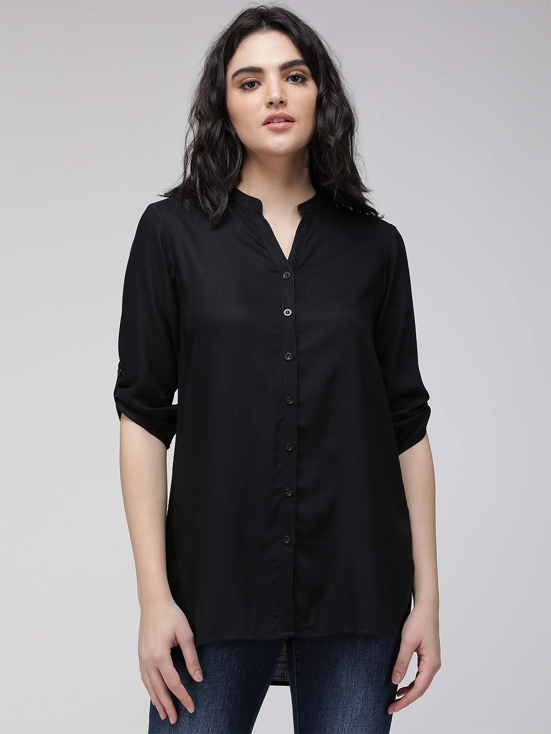

IDK Mandarin Collar Roll-Up Sleeves Shirt Style Top, Black