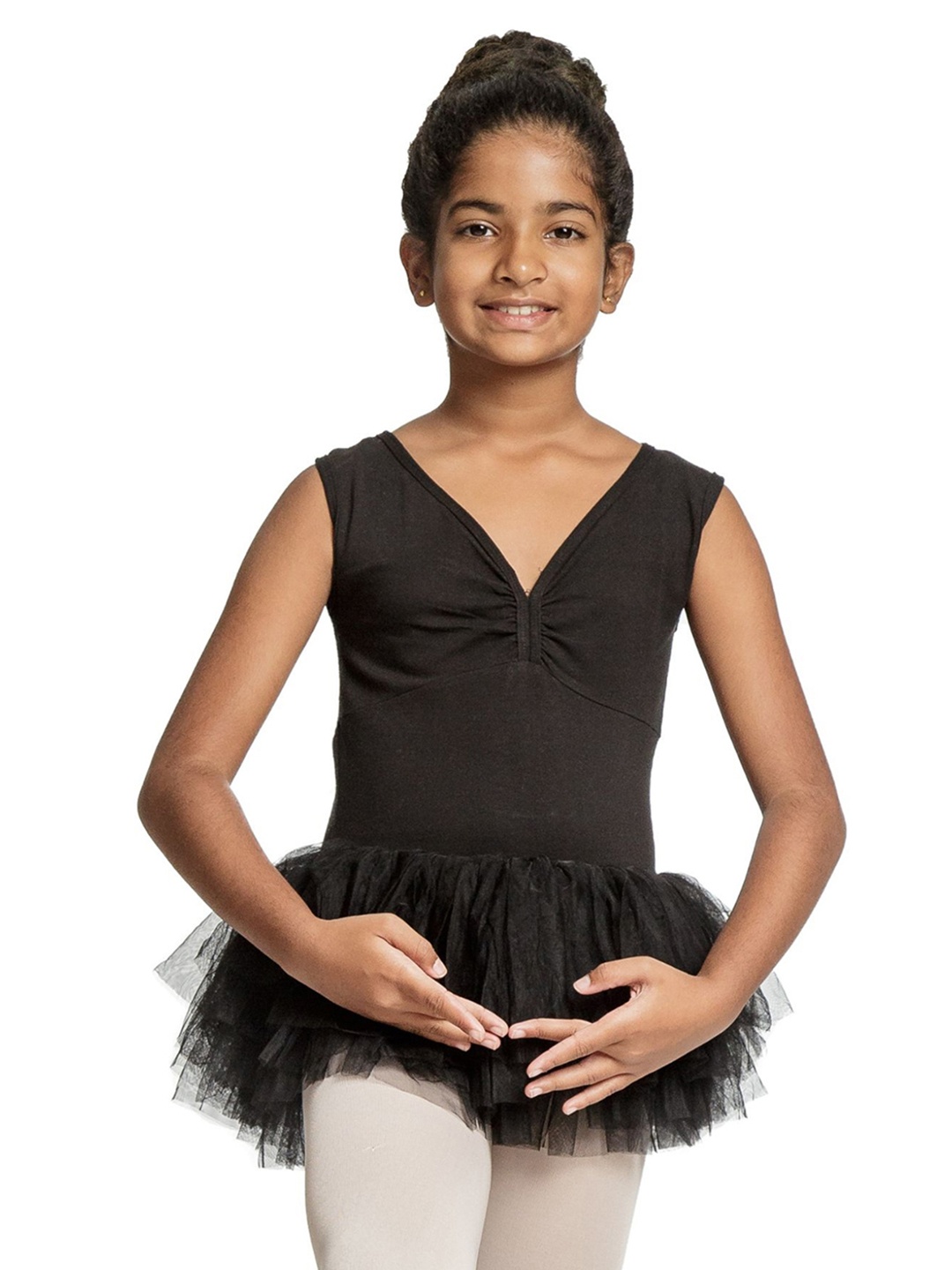 

IKAANYA Girls Semi Sheer Net Fit & Flare Tutu Leotard Dress, Black