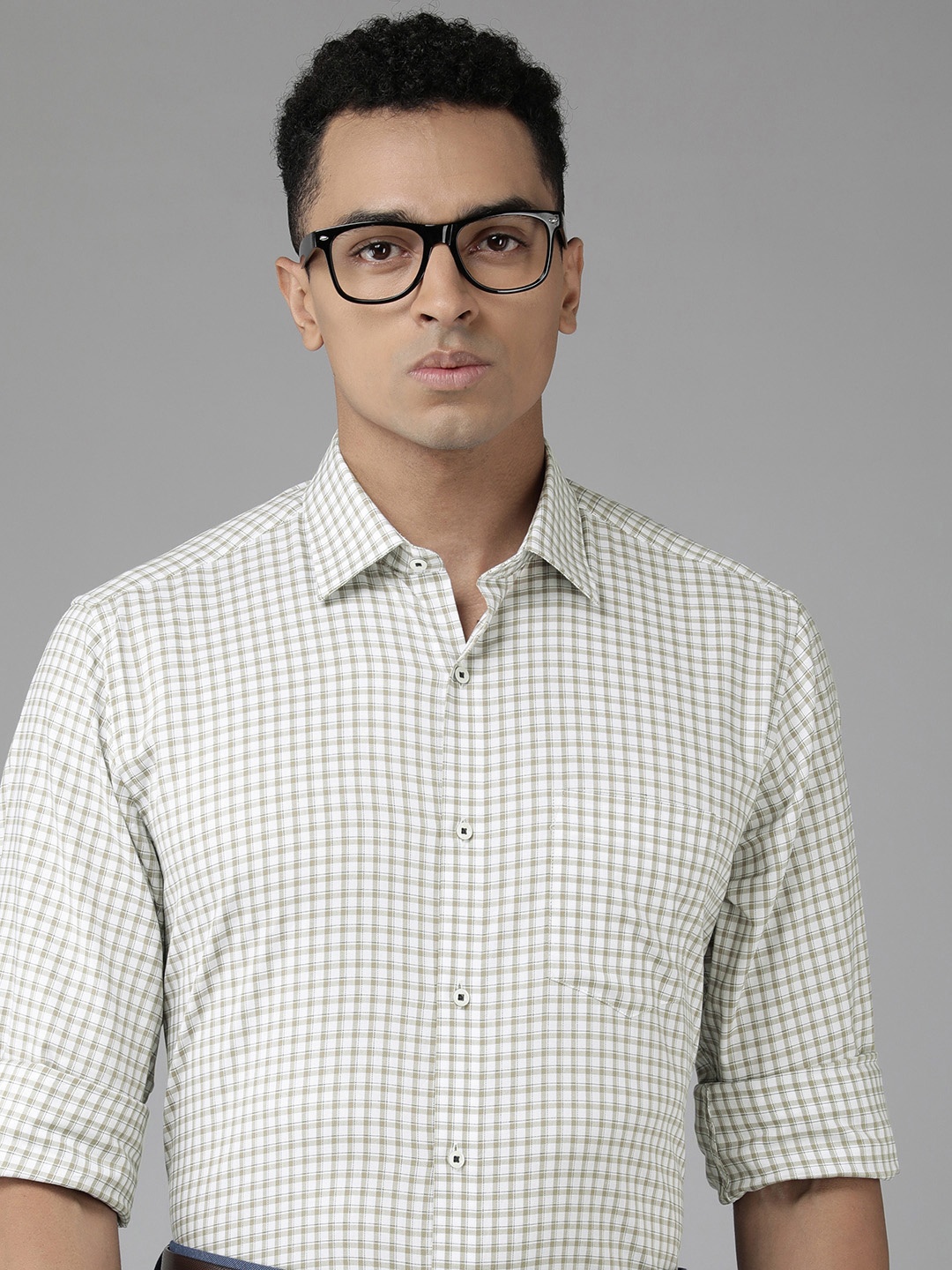 

Van Heusen Men Olive Green Custom Gingham Checks Opaque Checked Formal Shirt