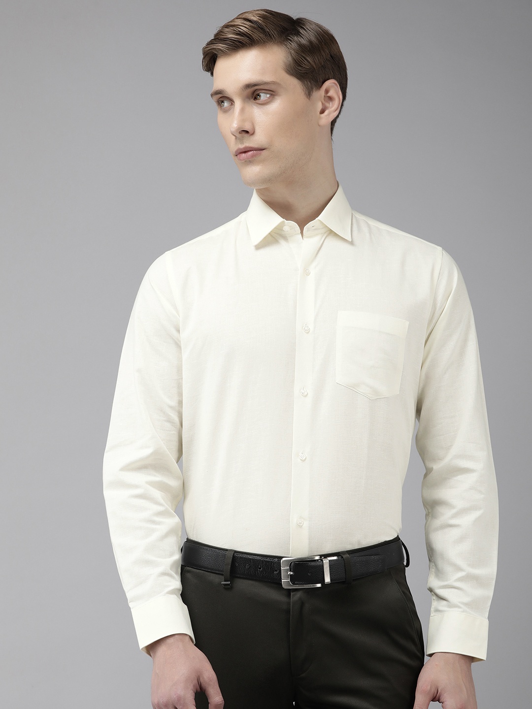 

Van Heusen Cotton Linen Custom Fit Opaque Formal Shirt, Cream