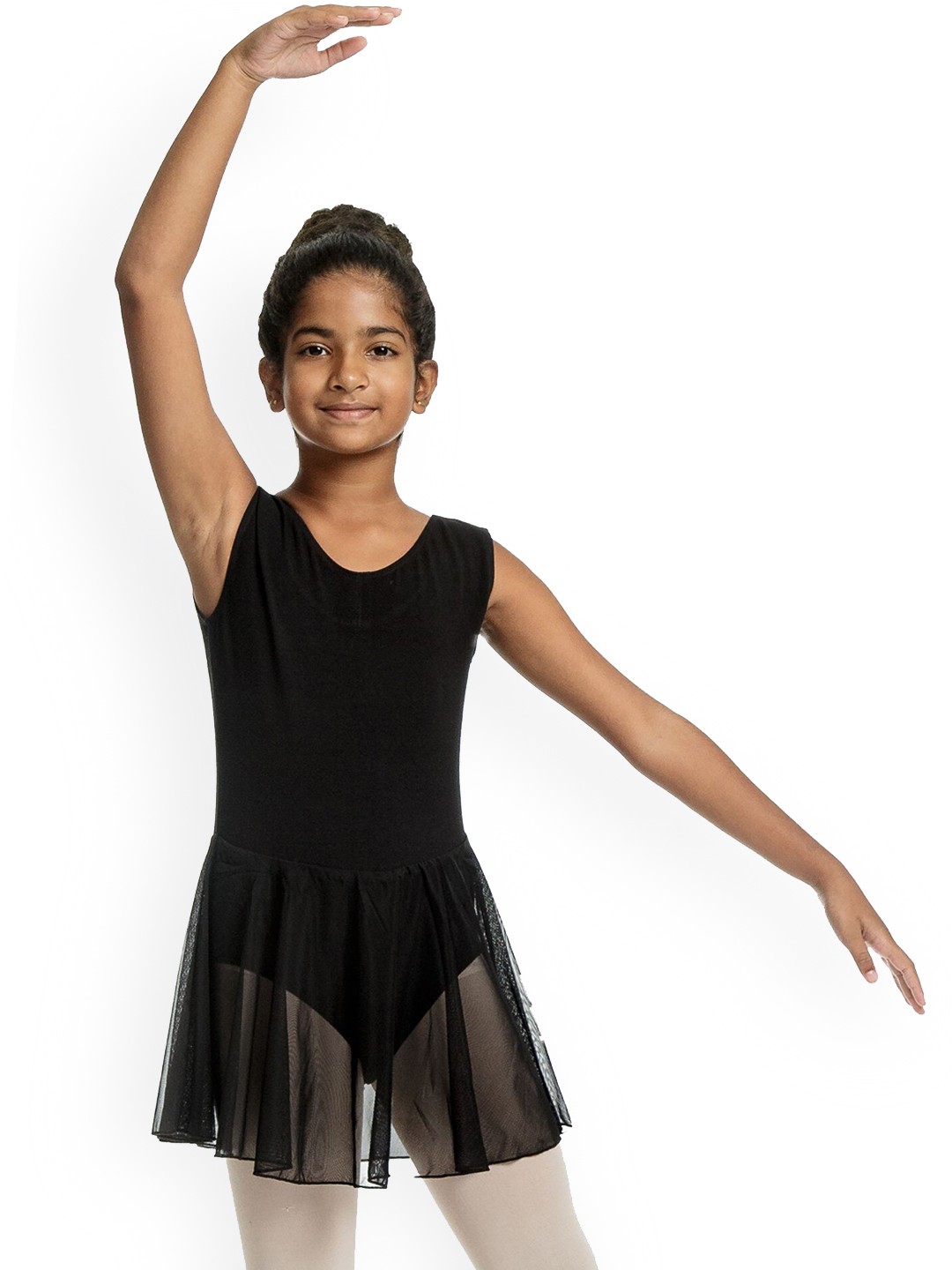 

IKAANYA Girls Semi Sheer Net Mini Fit & Flare Leotard Dress, Black
