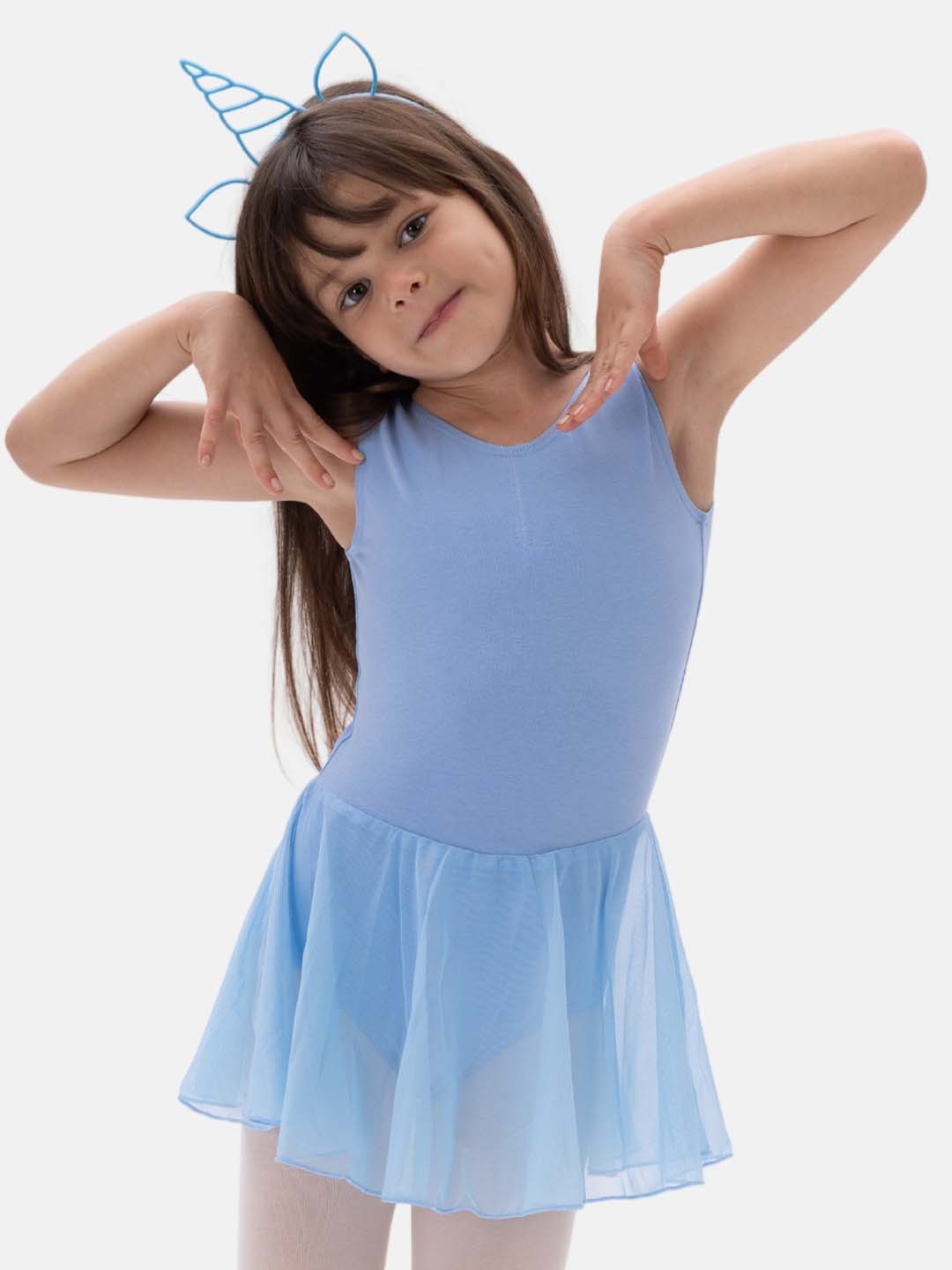 

IKAANYA Girl Flare Semi Sheer Fit and Flare Leotard Dress, Blue