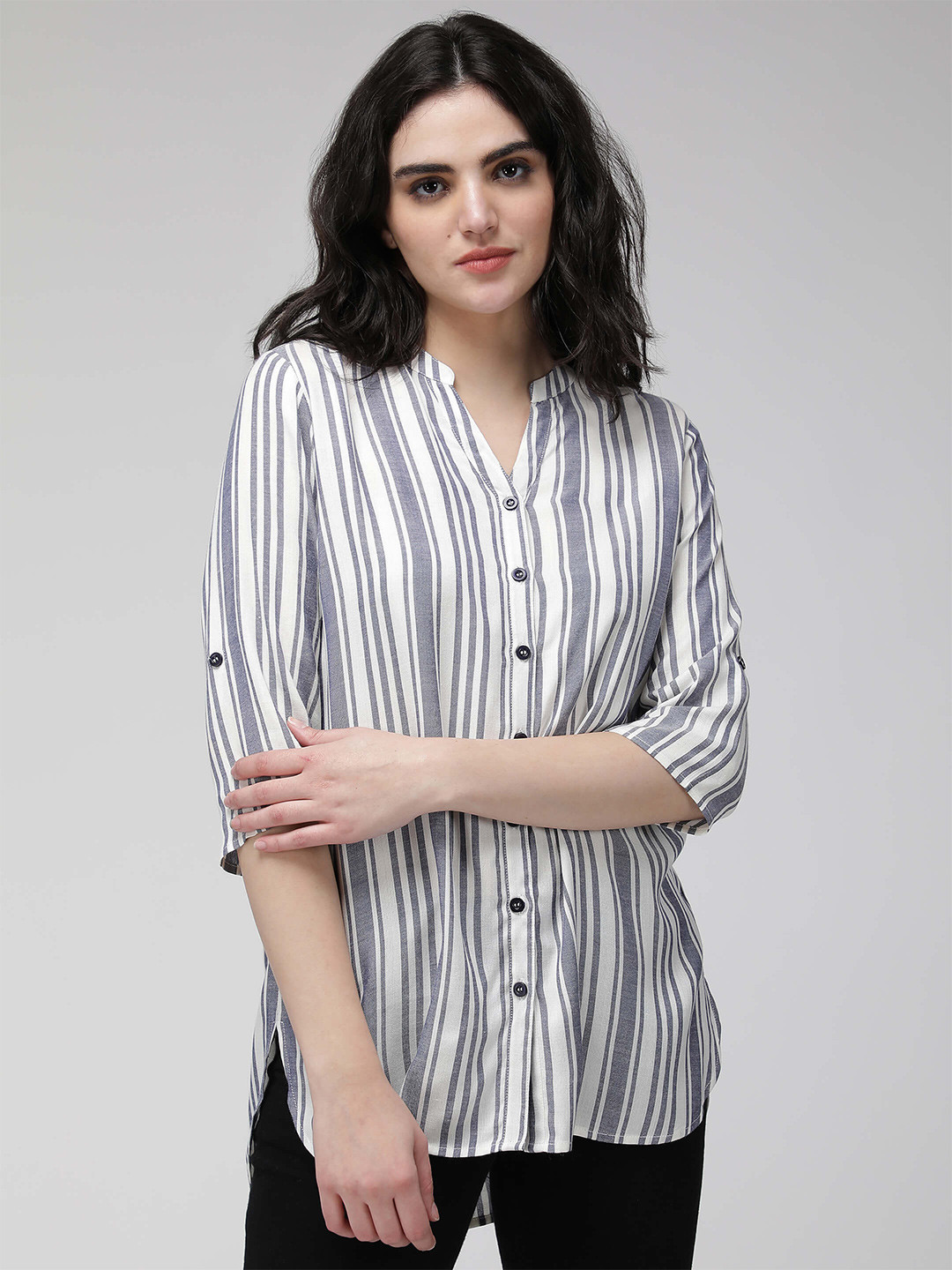 

IDK Striped Roll-Up Sleeves Shirt Style Top, White