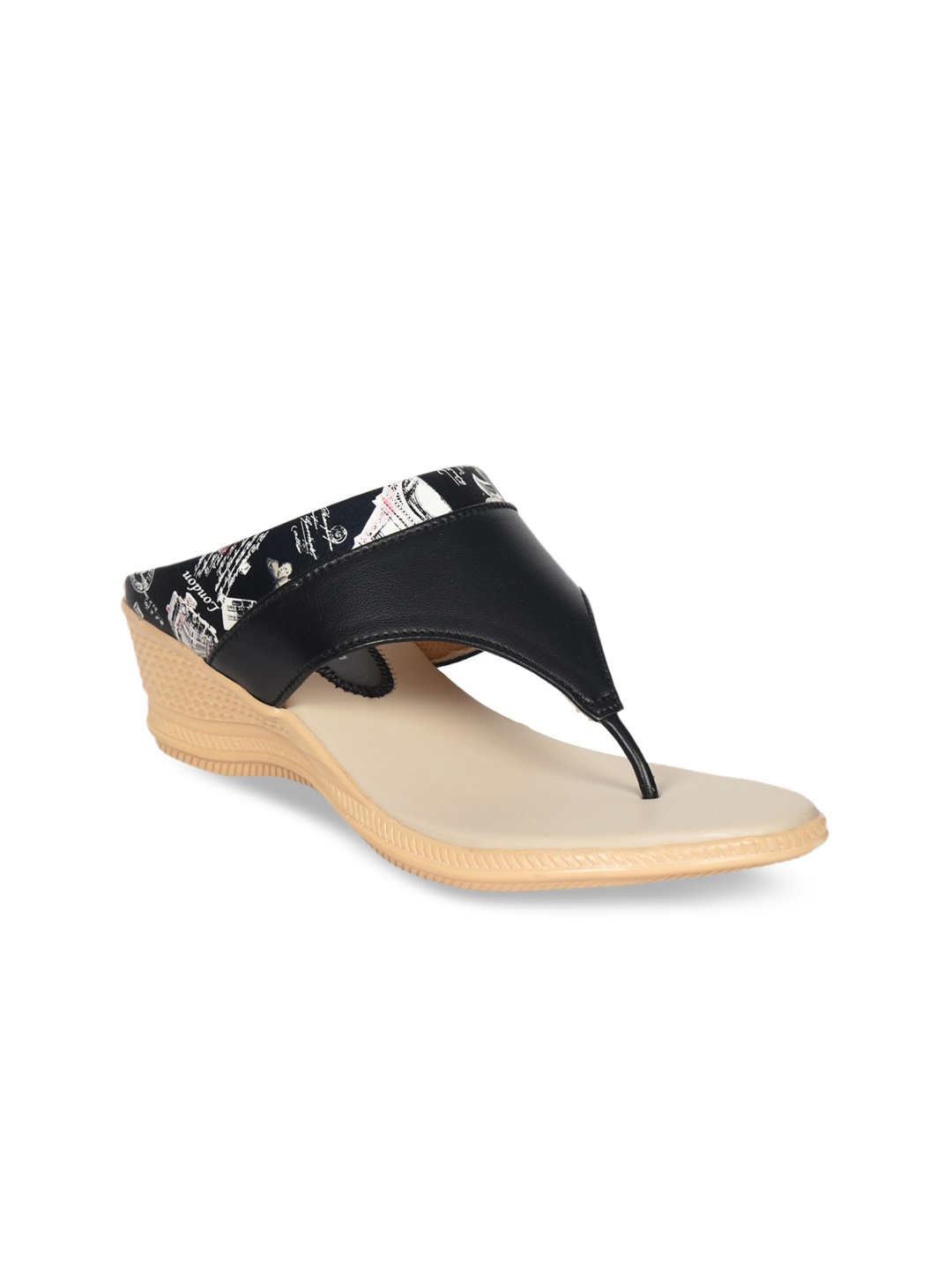 

Ajanta Printed Open Toe Wedges, Black