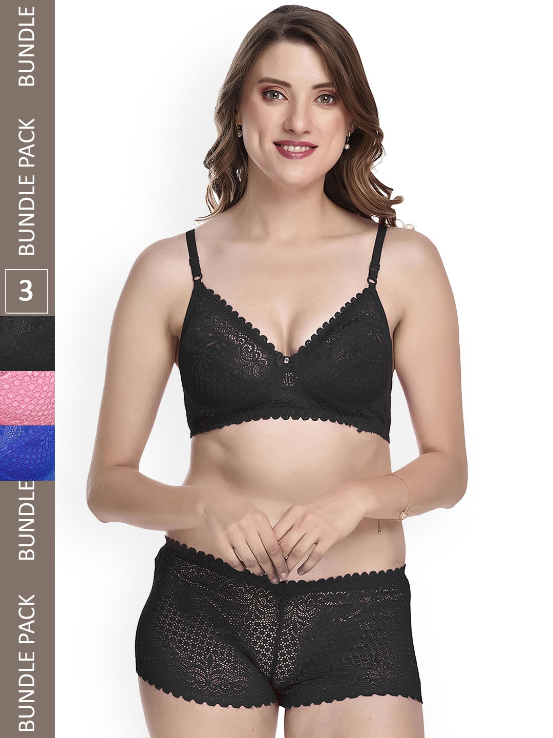 

AROUSY Women Pack Of 3 Self-Design Lingerie Set K_Rain Set_Orange,Black,Blue_30