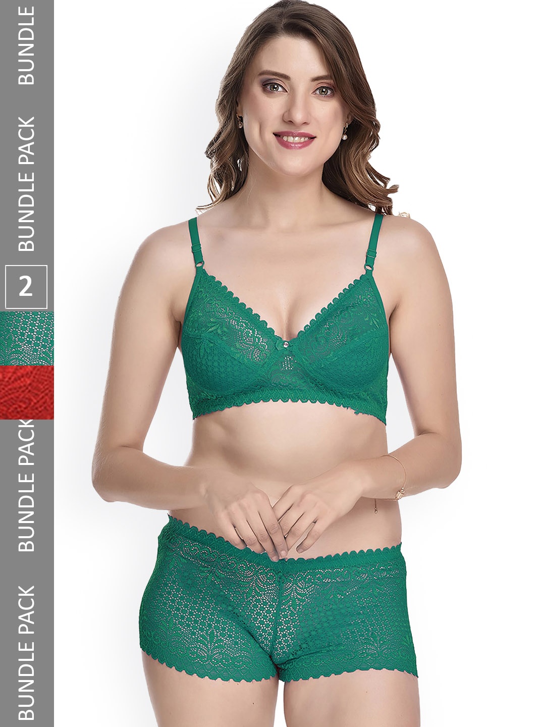 

AROUSY Pack Of 2 Self Design Lace Non-Wired Bikini Lingerie Set, Green