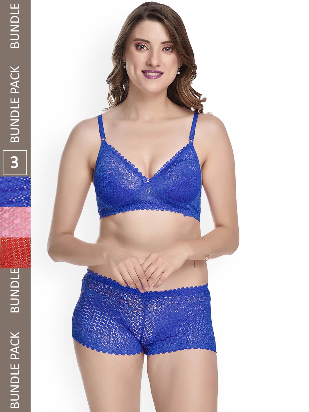 

AROUSY Pack Of 3 Self Design Lace Non-Wired Bikini Lingerie Set, Red
