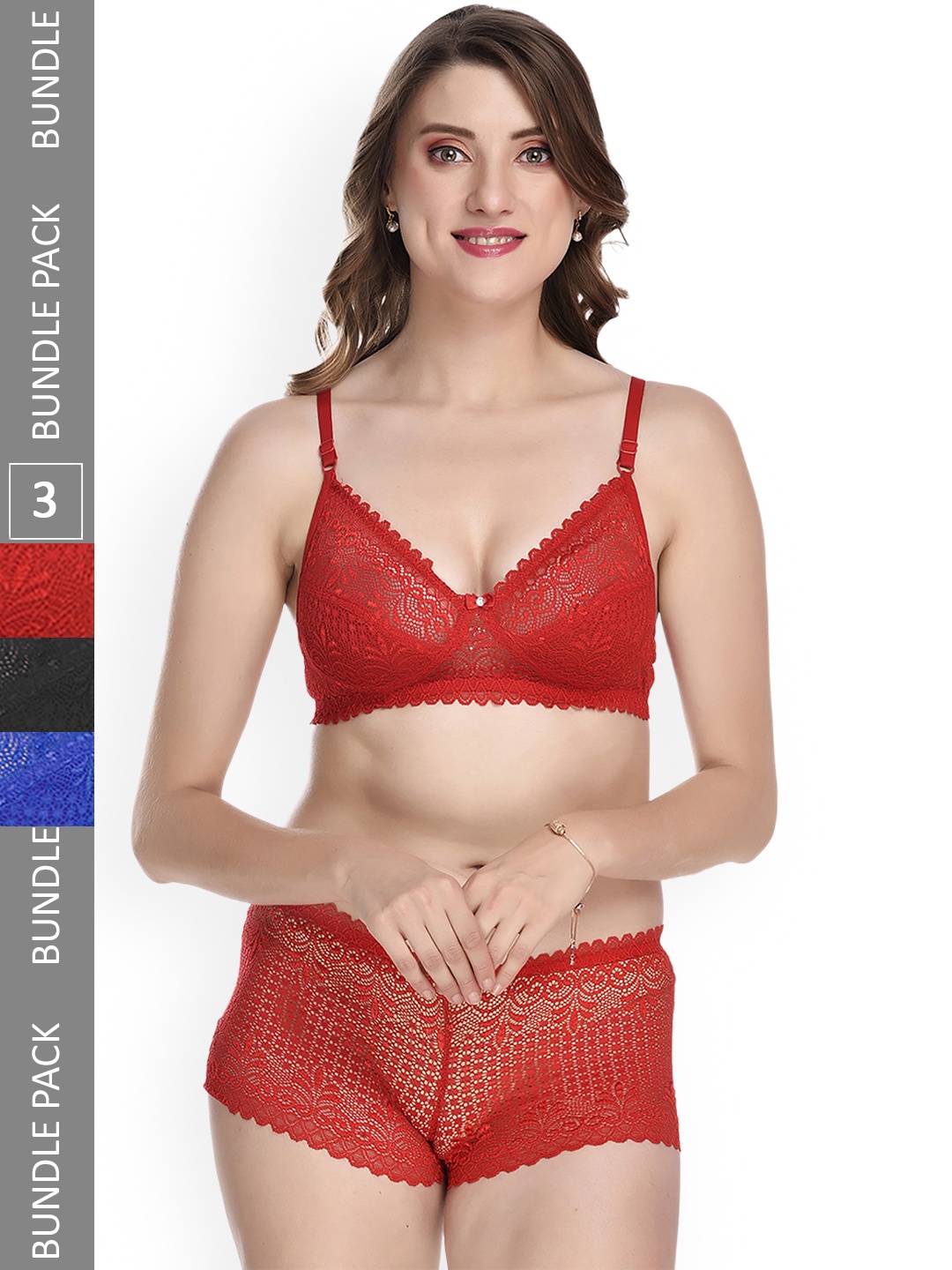 

AROUSY Pack Of 3 Laced Lingerie Set, Red